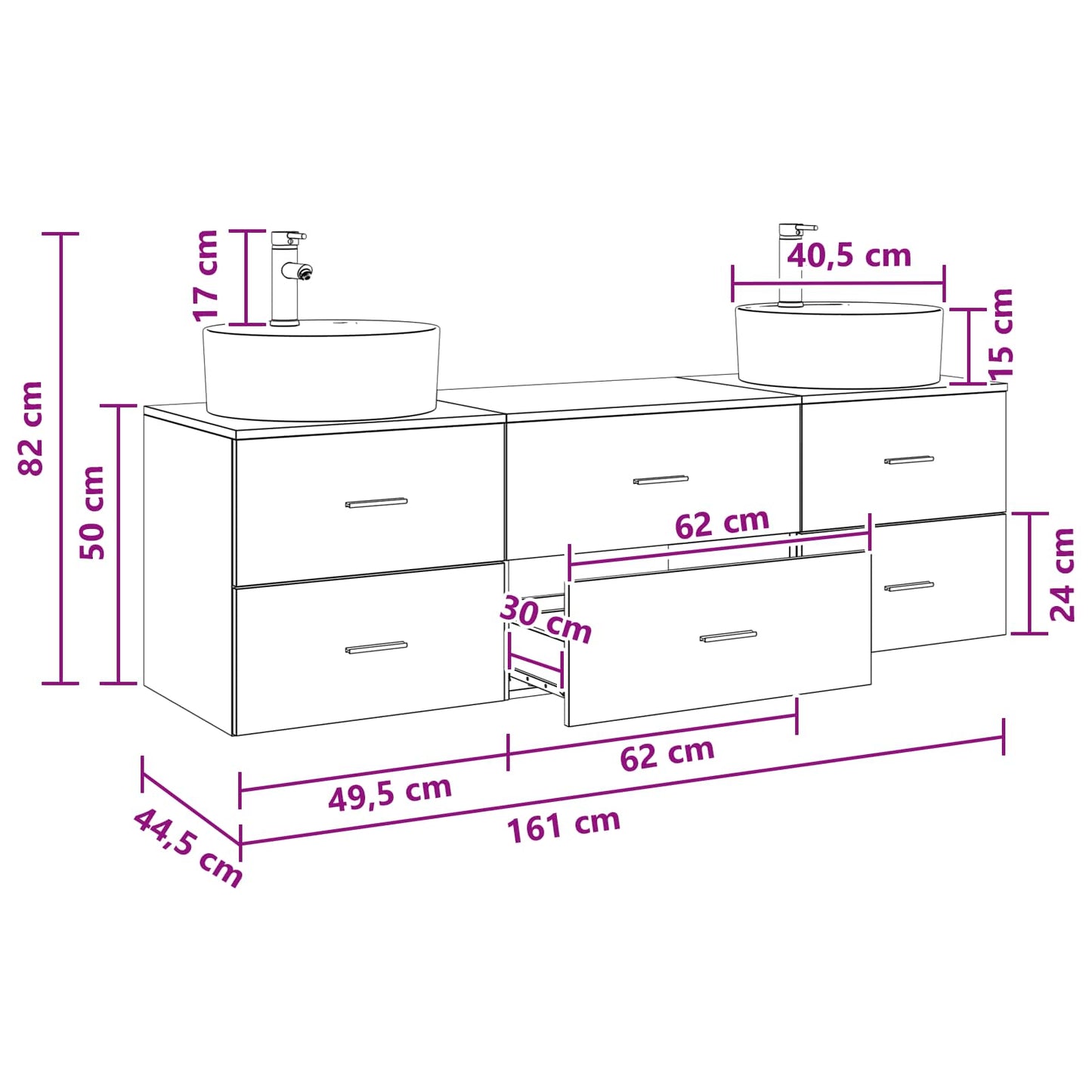 Baderomsskapsett 3 stk. Svart 62,5 x 44,5 x 50 cm