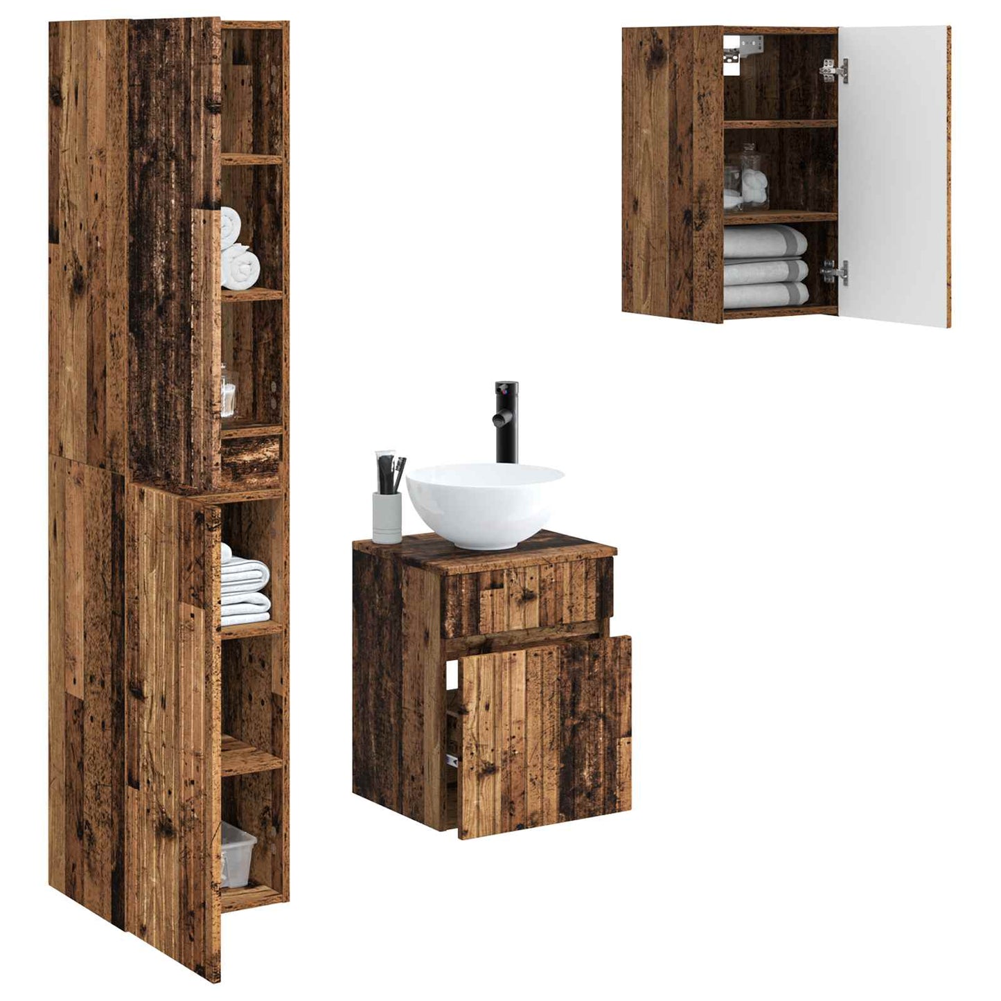 Baderomsinnredningssett 3 stk. Gammelt tre 33 x 34,5 x 160 cm