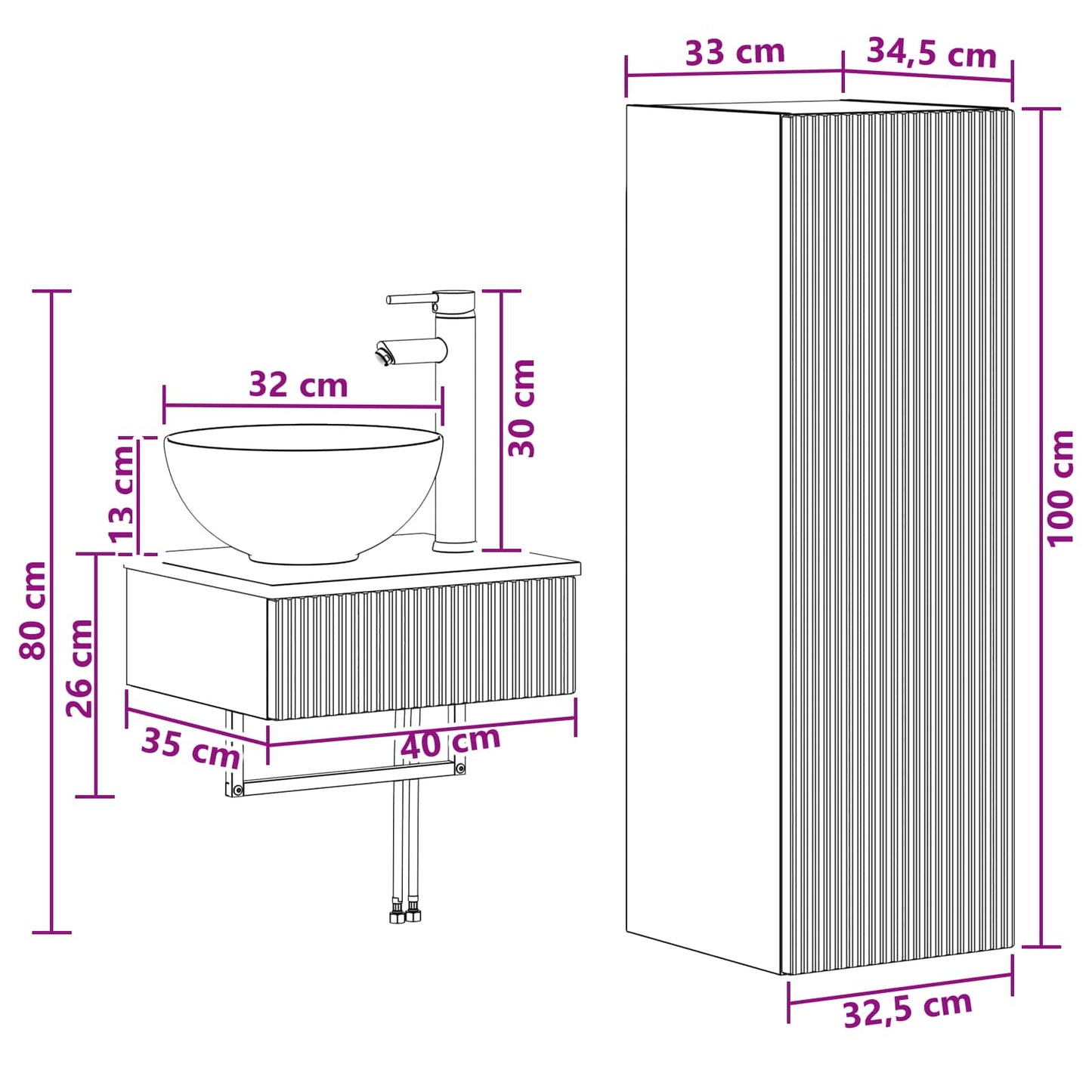 Baderomsinnredningssett 2 stk. Svart 33 x 34,5 x 100 cm