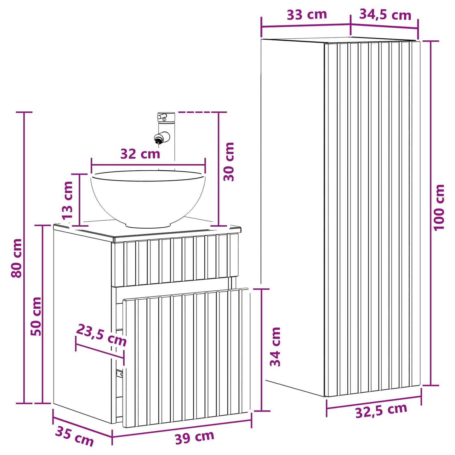 Baderomsinnredningssett 2 stk. Hvit 33 x 34,5 x 100 cm