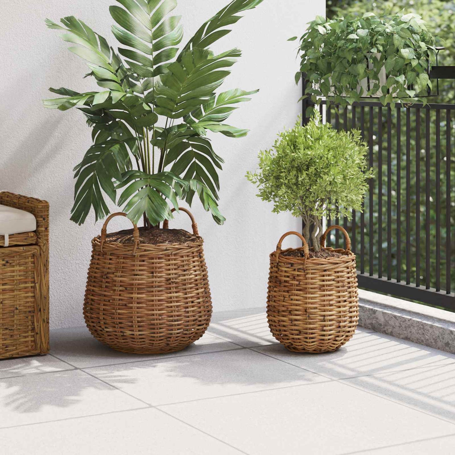 Planterkurv med lagring 2 stk. Naturlig brun Kubu Rattan