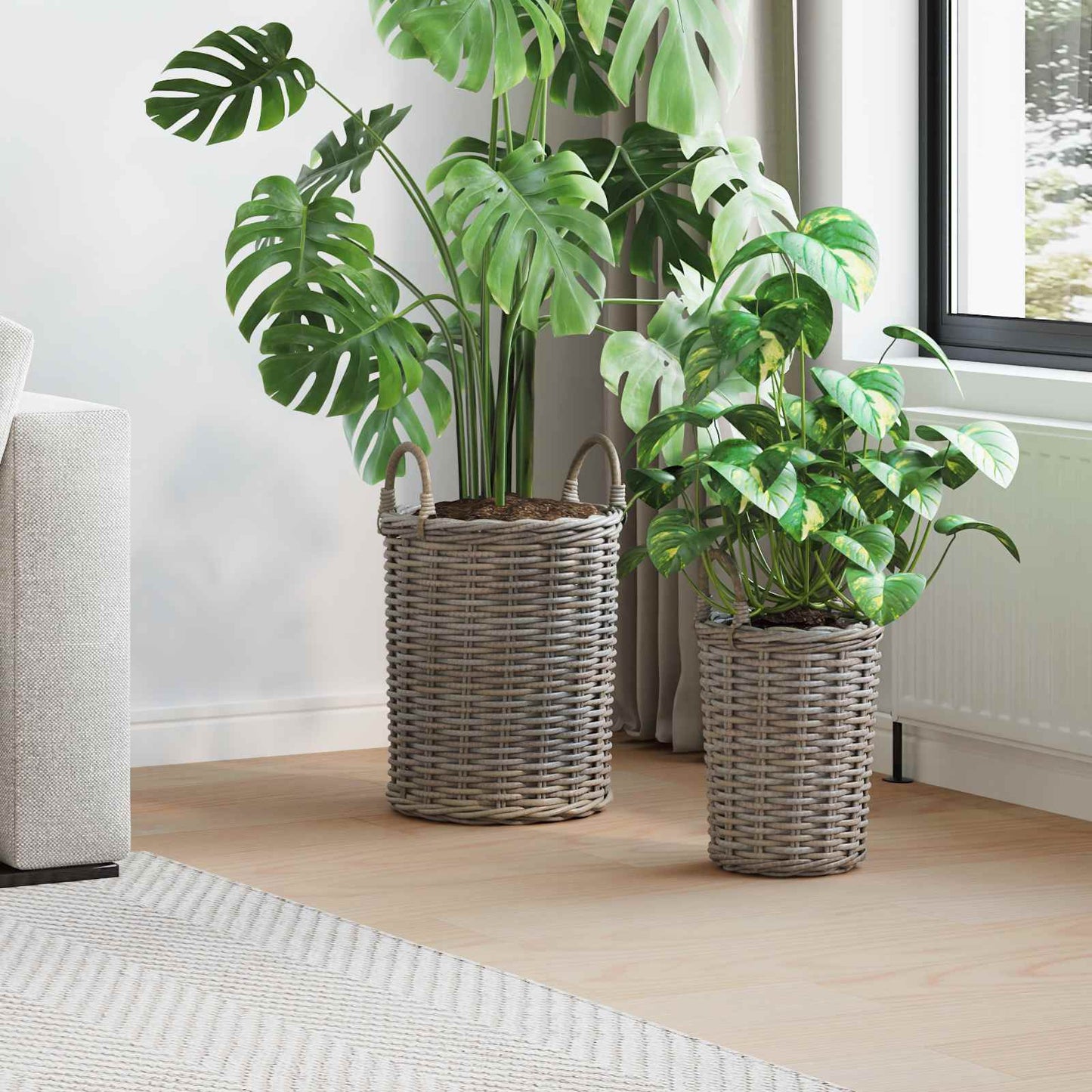 Planterkurv med lagring 2 stk. Naturlig grå Kubu Rattan
