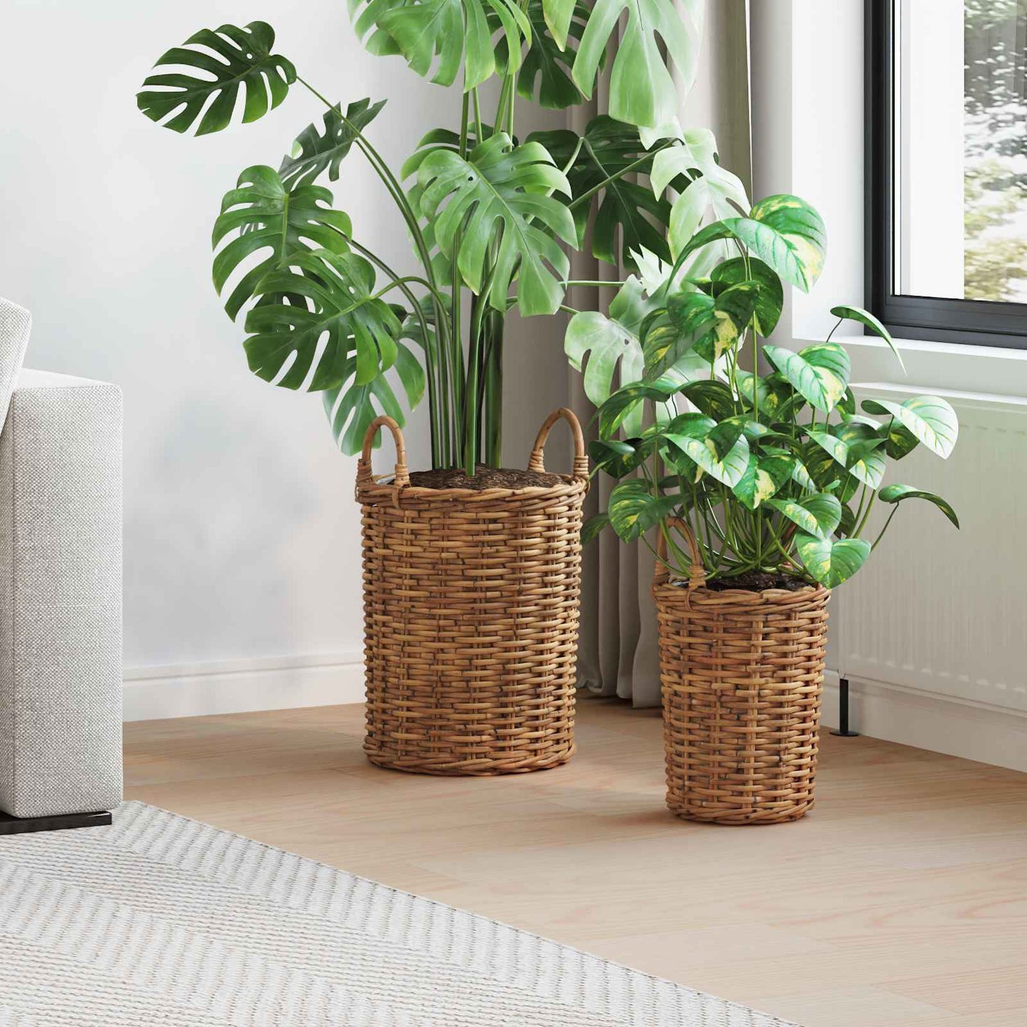 Planterkurv med lagring 2 stk. Naturlig brun Kubu Rattan