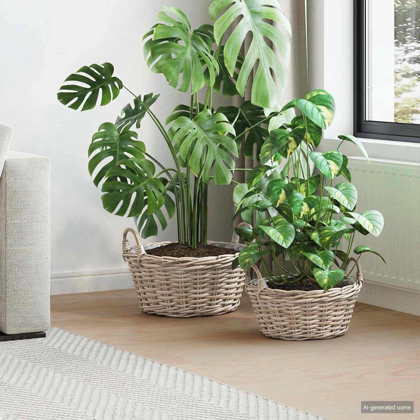 Plantekurv med lagring 2 stk. Naturlig grå Kubu Rattan