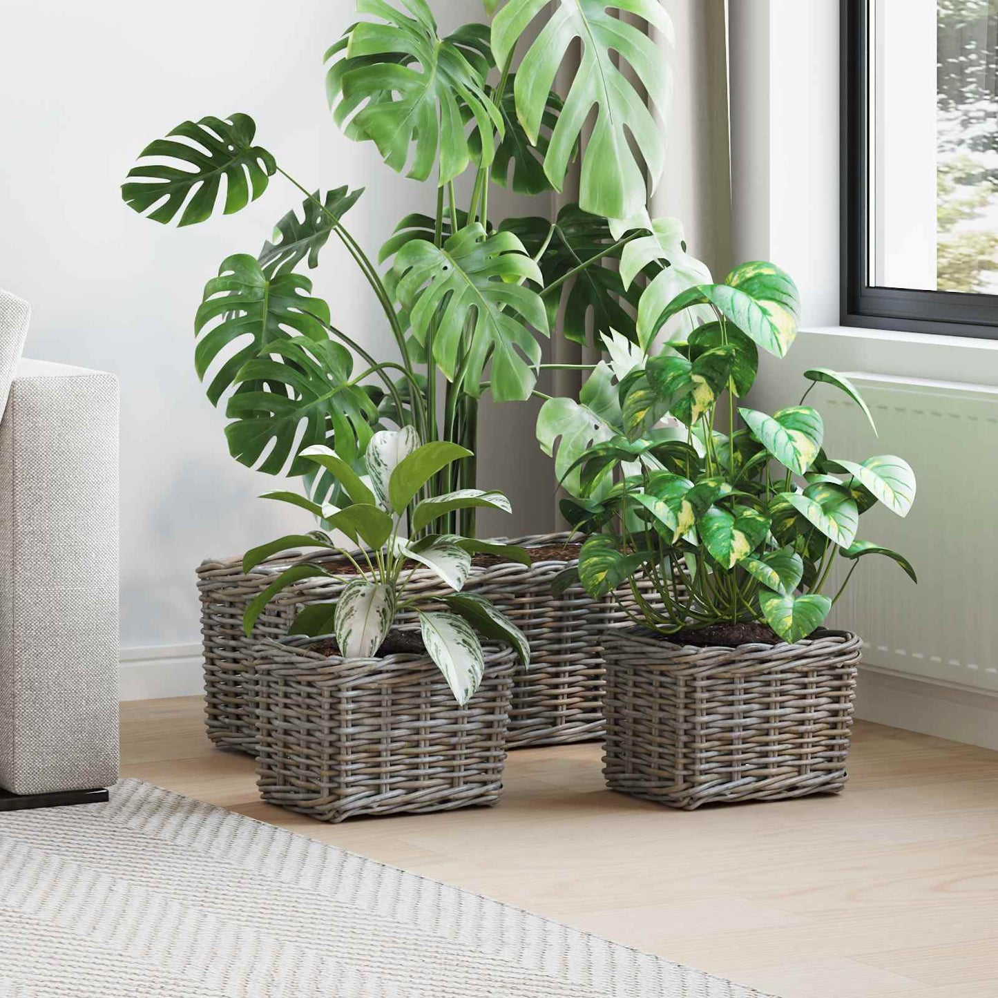 Planterkurv med lagring 3 stk. Naturlig grå Kubu Rattan