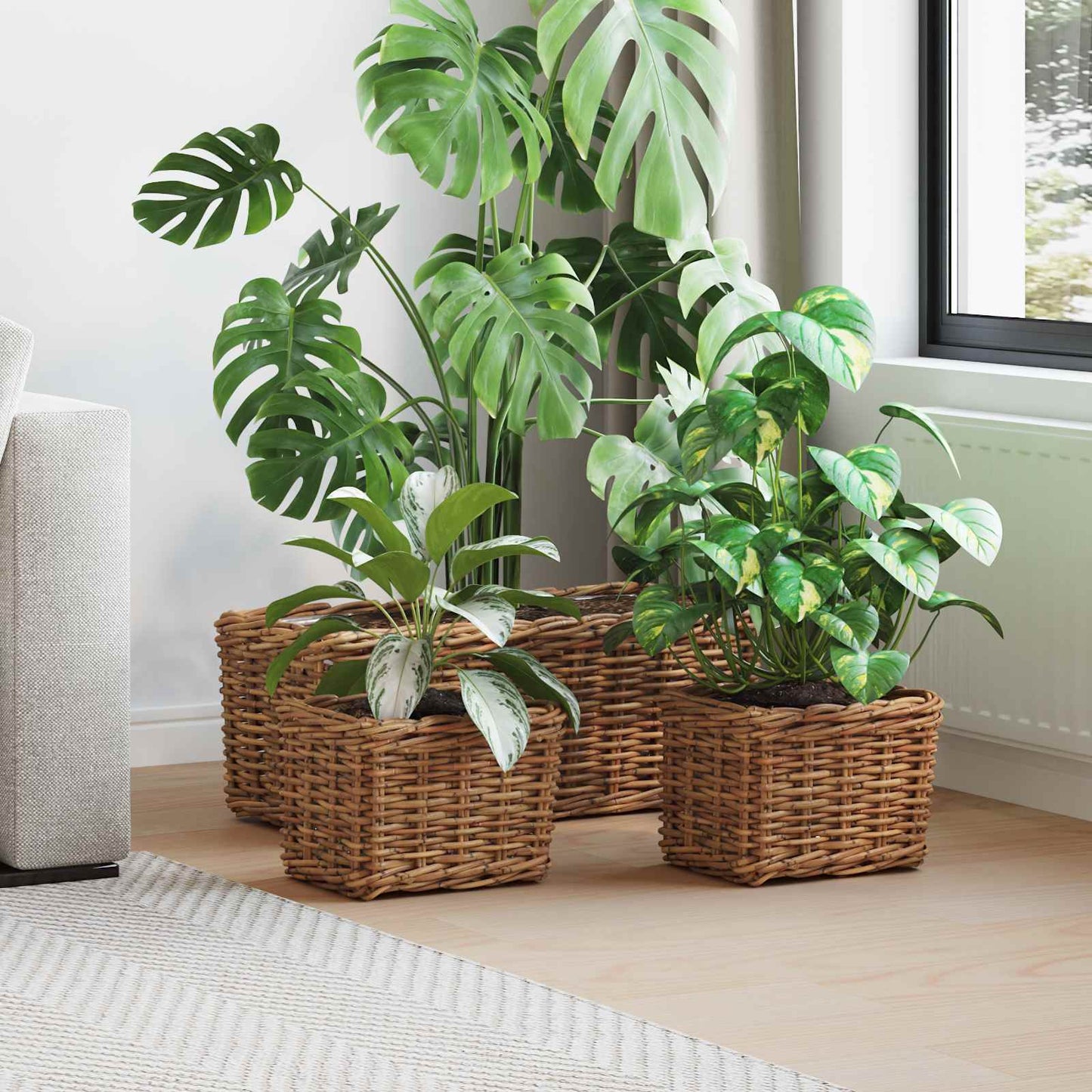 Planterkurv med lagring 3 stk. Naturlig brun Kubu Rattan