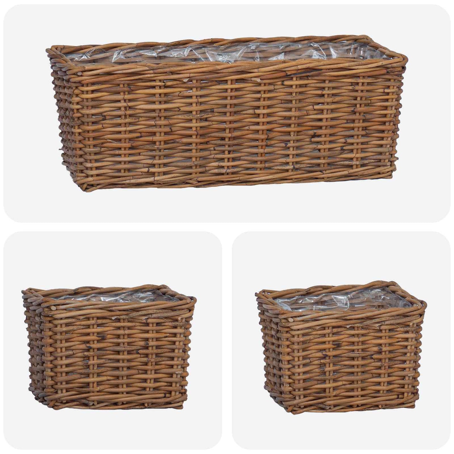 Planterkurv med lagring 3 stk. Naturlig brun Kubu Rattan
