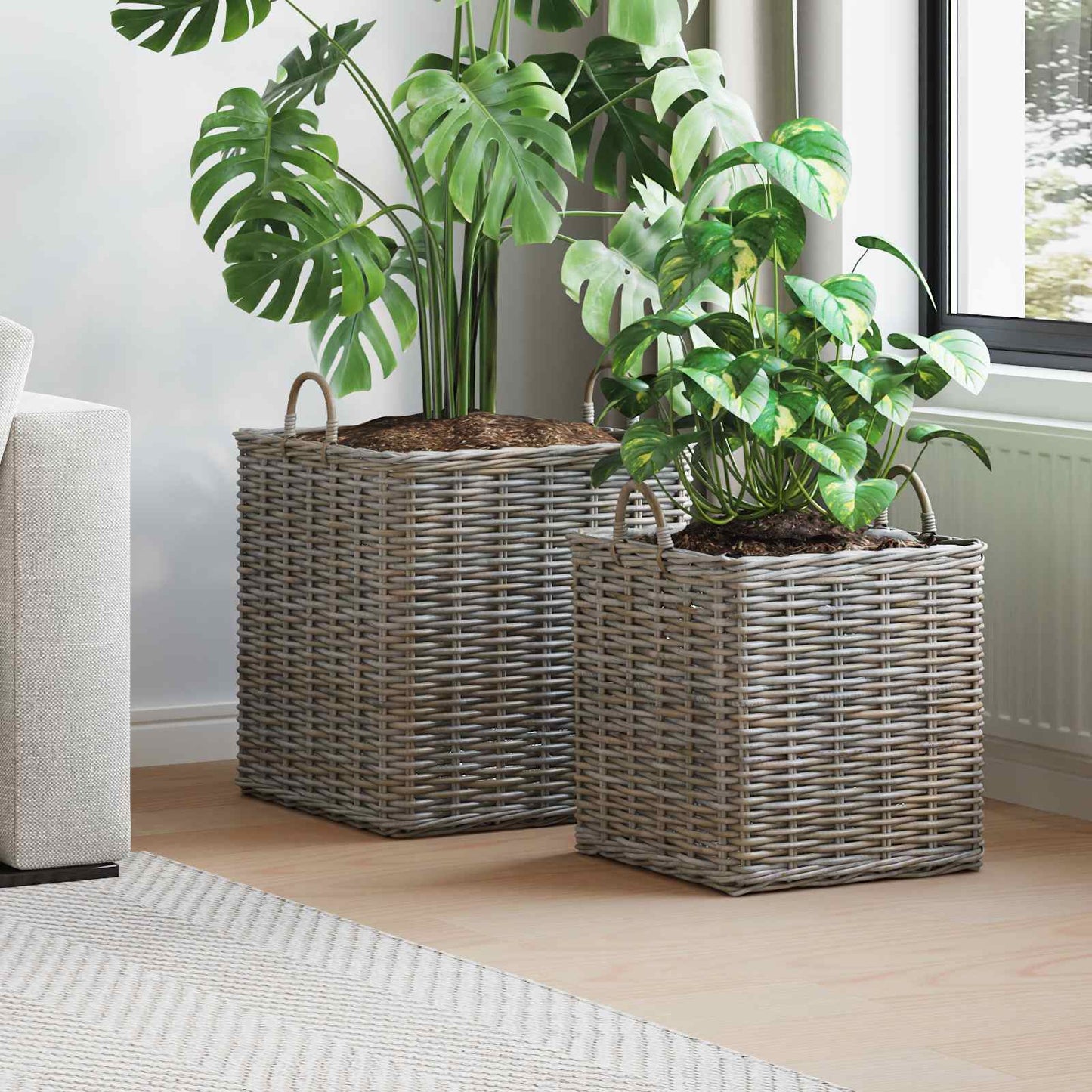 Planter Kurv med lagring 2 stk. Naturlig grå Kubu Rattan