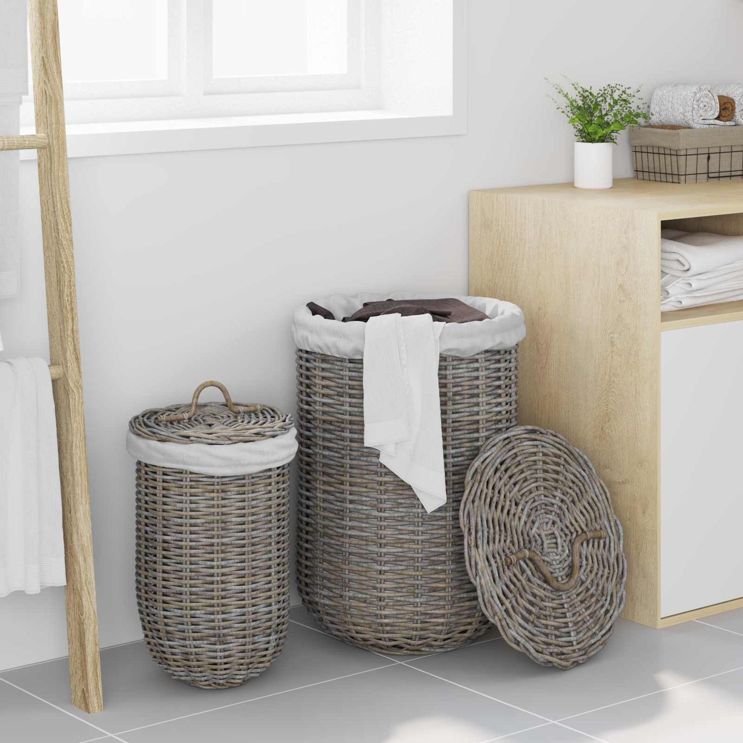 Vaskekurv med lokk 2 pcs Naturlig grå Kubu Rattan