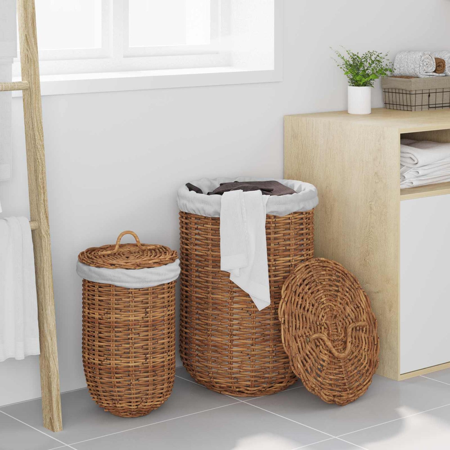 Vaskekurv med lokk 2 pcs Naturlig brun Kubu Rattan