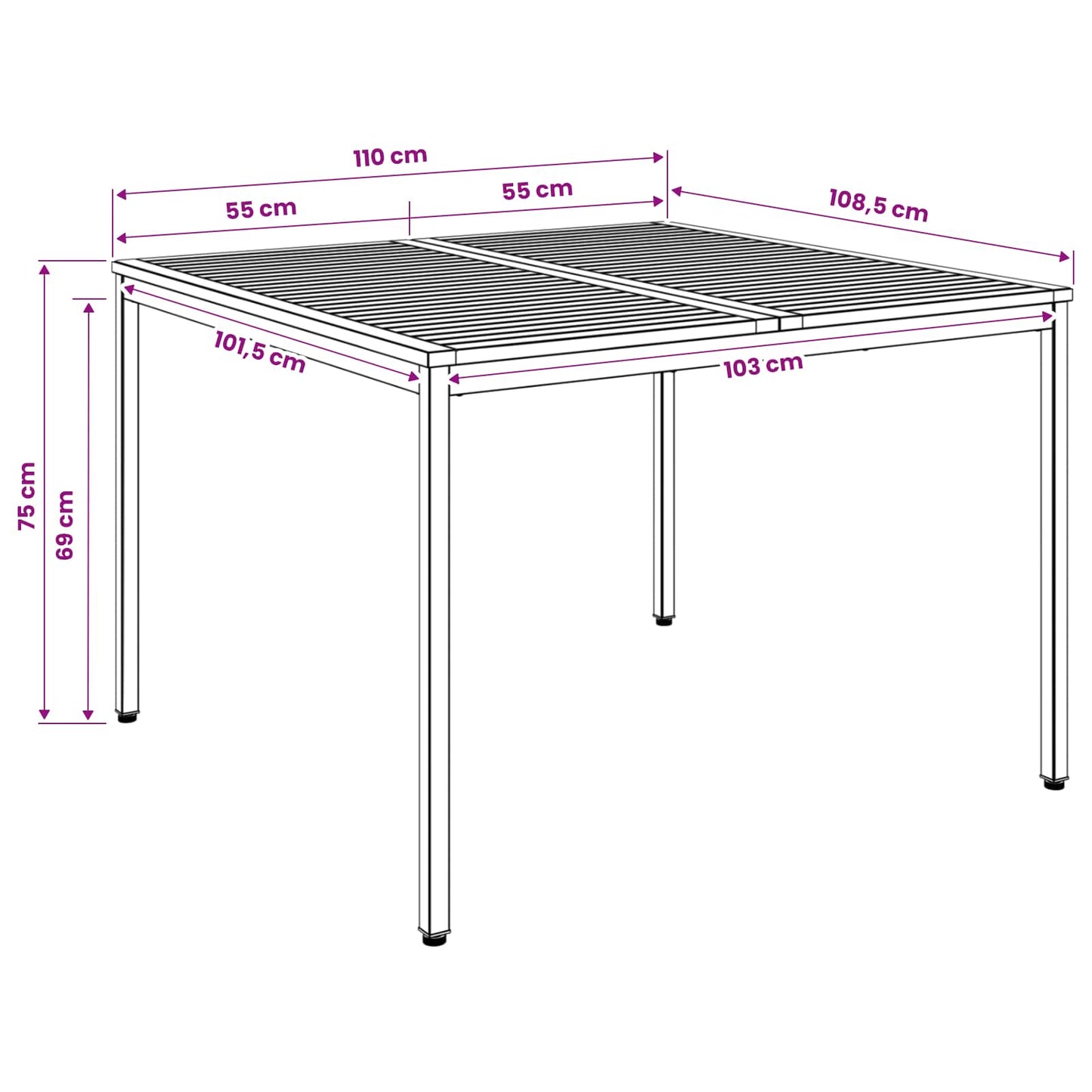 Hage middagsbord Naturlig og svart 110 x 108,5 x 75 cm