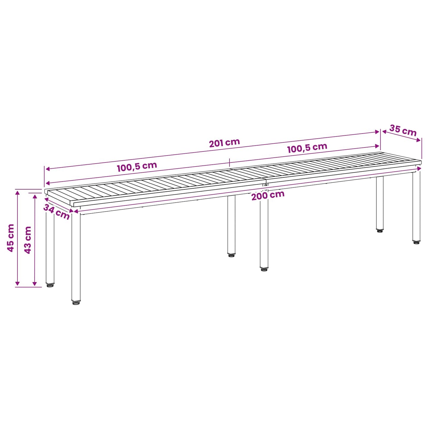 Hagebenk 201 x 35 x 45 cm Solid akasietre Hvit Rektangulær