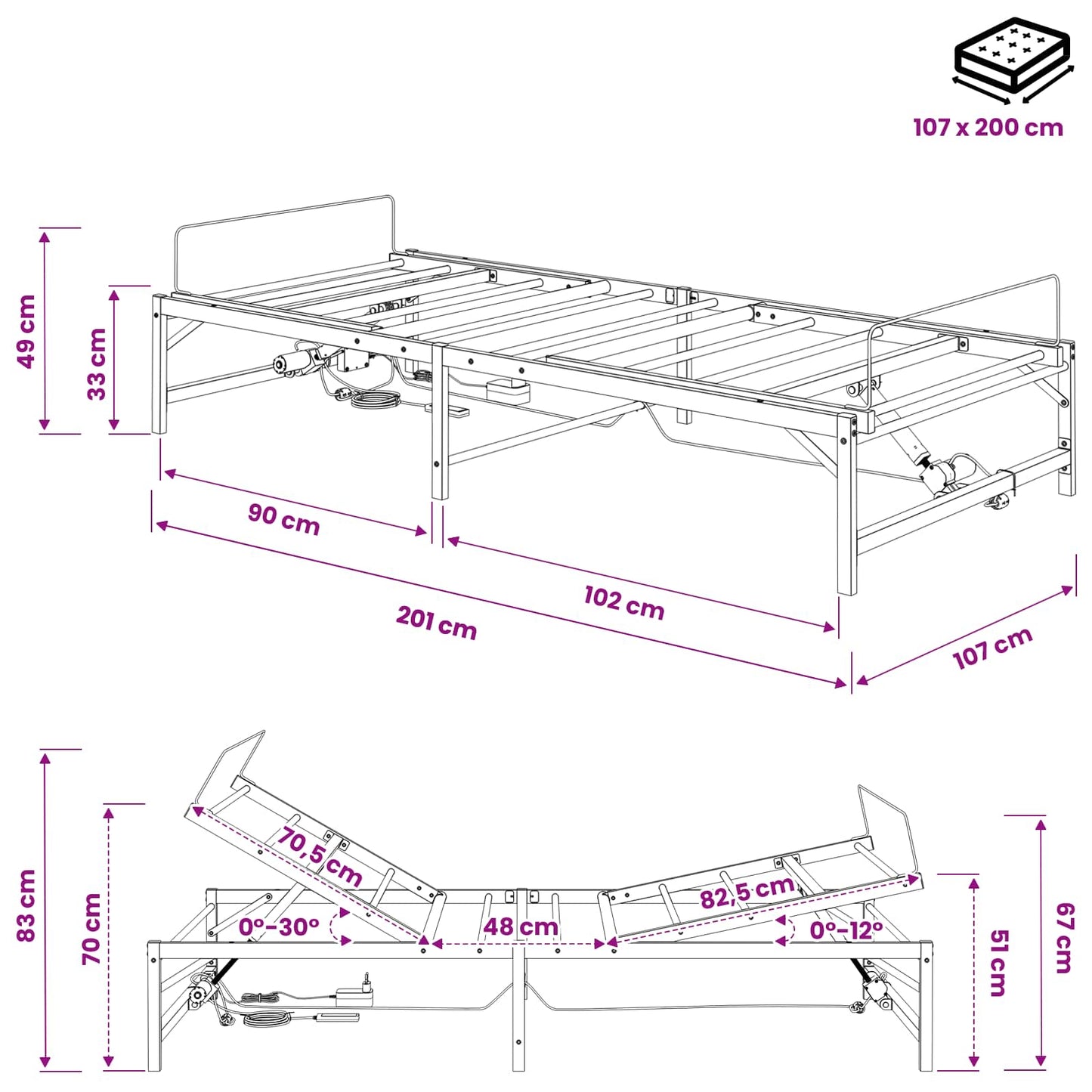 Elektrisk Justerbar Seng Ramme Hvit 107 x 203 cm Stål