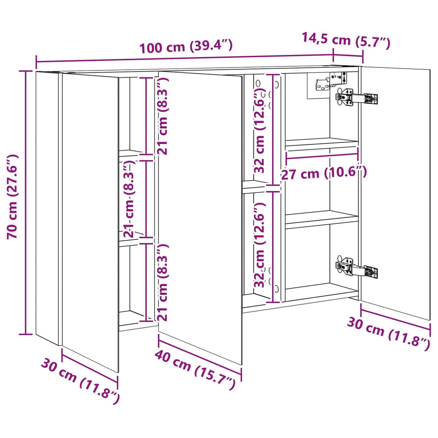 Baderomsspeilskap Betonggrå 100 x 14,5 x 70 cm Konstruert tre