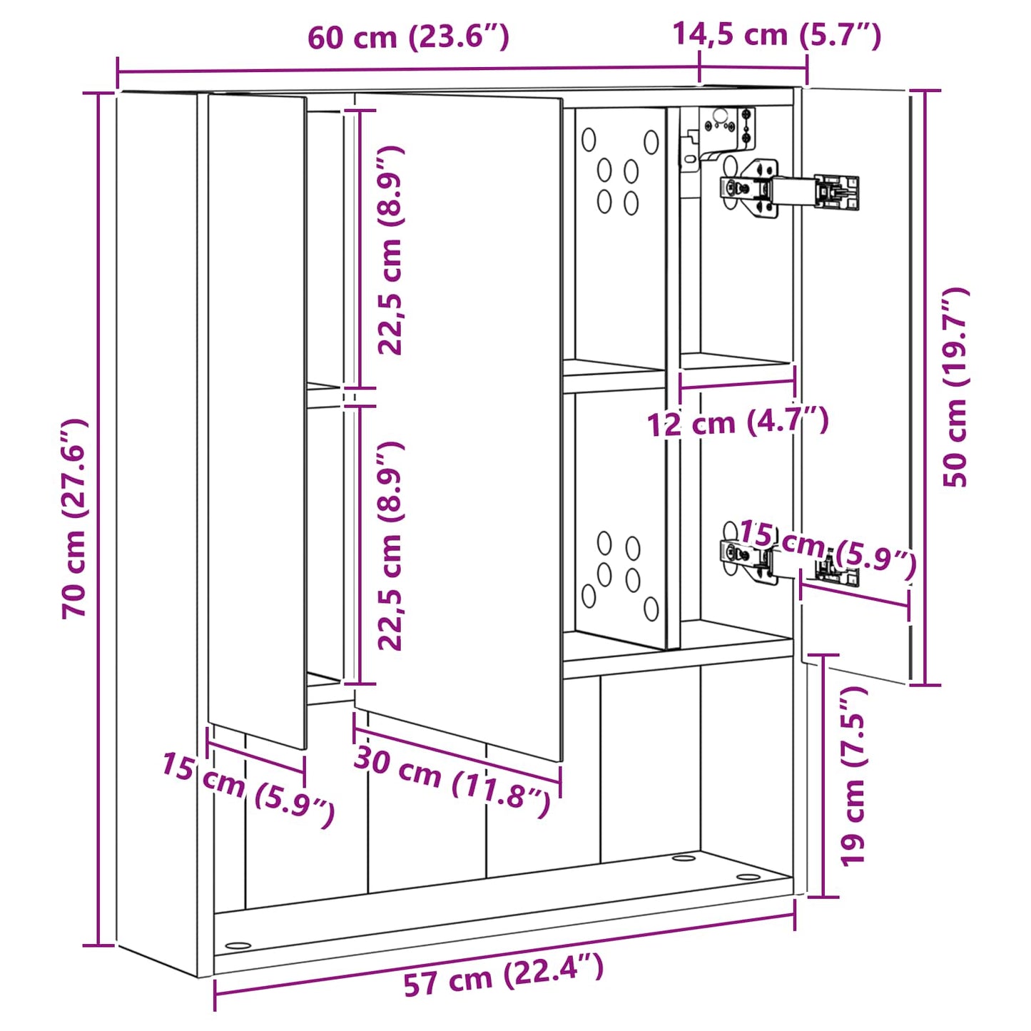 Baderomsspeilskap med dør Hvit 60 x 14.5 x 70 cm Konstruert tre