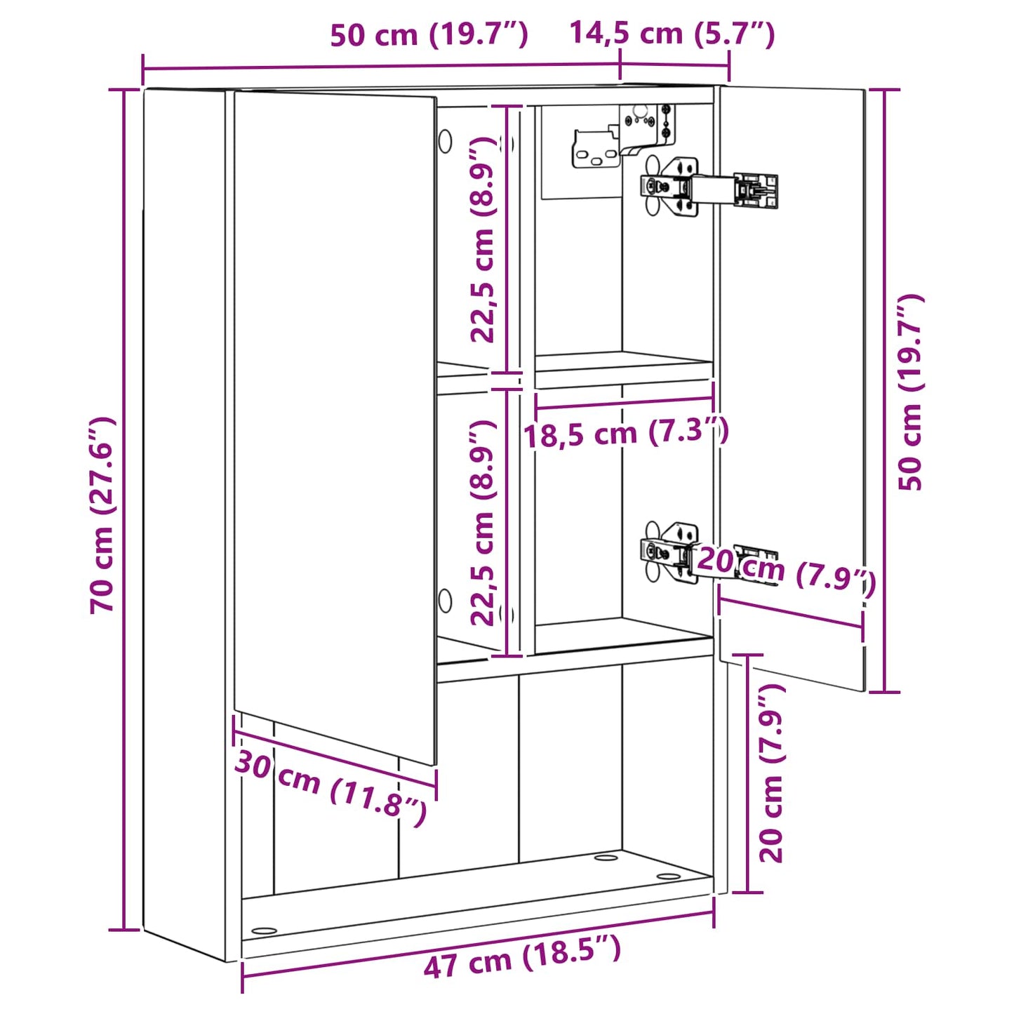 Baderomsspeilskap Betonggrå 50 x 14,5 x 70 cm Konstruert tre