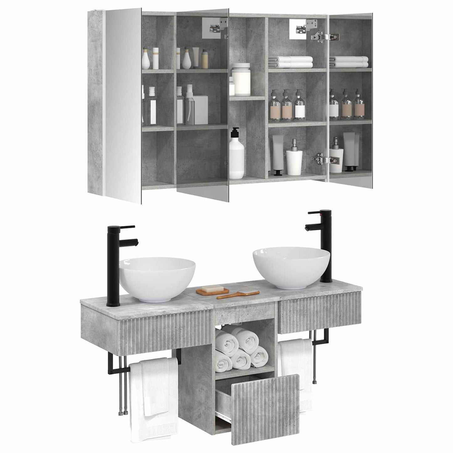Baderomsskapsett 4 pcs Betonggrå 103,5 x 15,5 x 70 cm