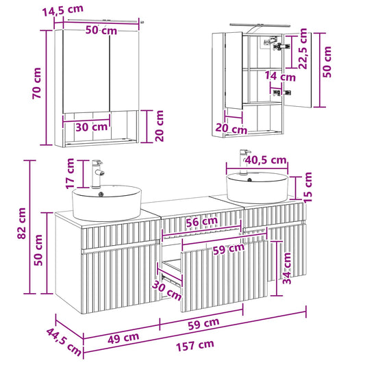 Baderomsskapsett 5 pcs Røkt Eik 50 x 14,5 x 70 cm