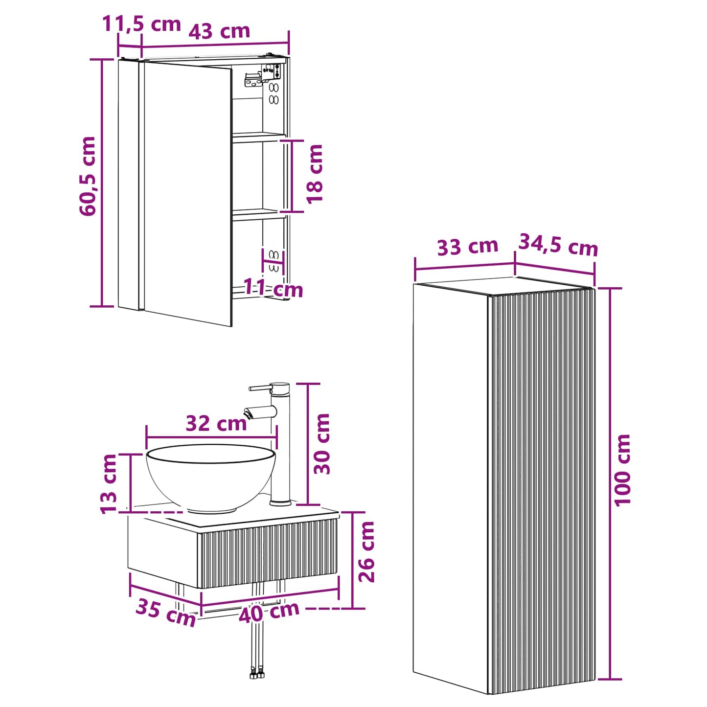 Baderomsskapsett 4 pcs Hvit 43 x 11,5 x 60,5 cm Konstruert tre
