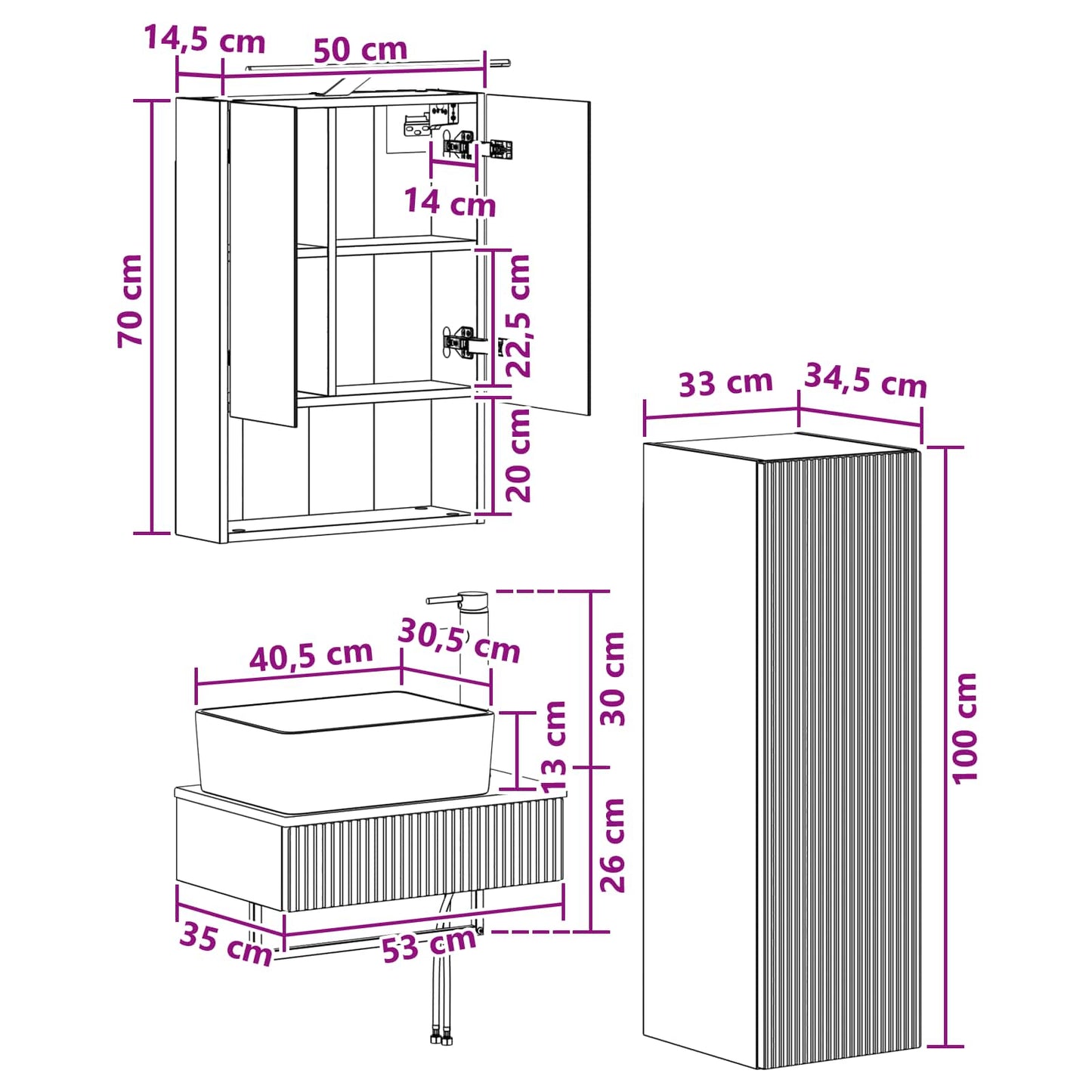 Baderomsskapsett 4 pcs Hvit 50 x 14,5 x 70 cm Konstruert tre