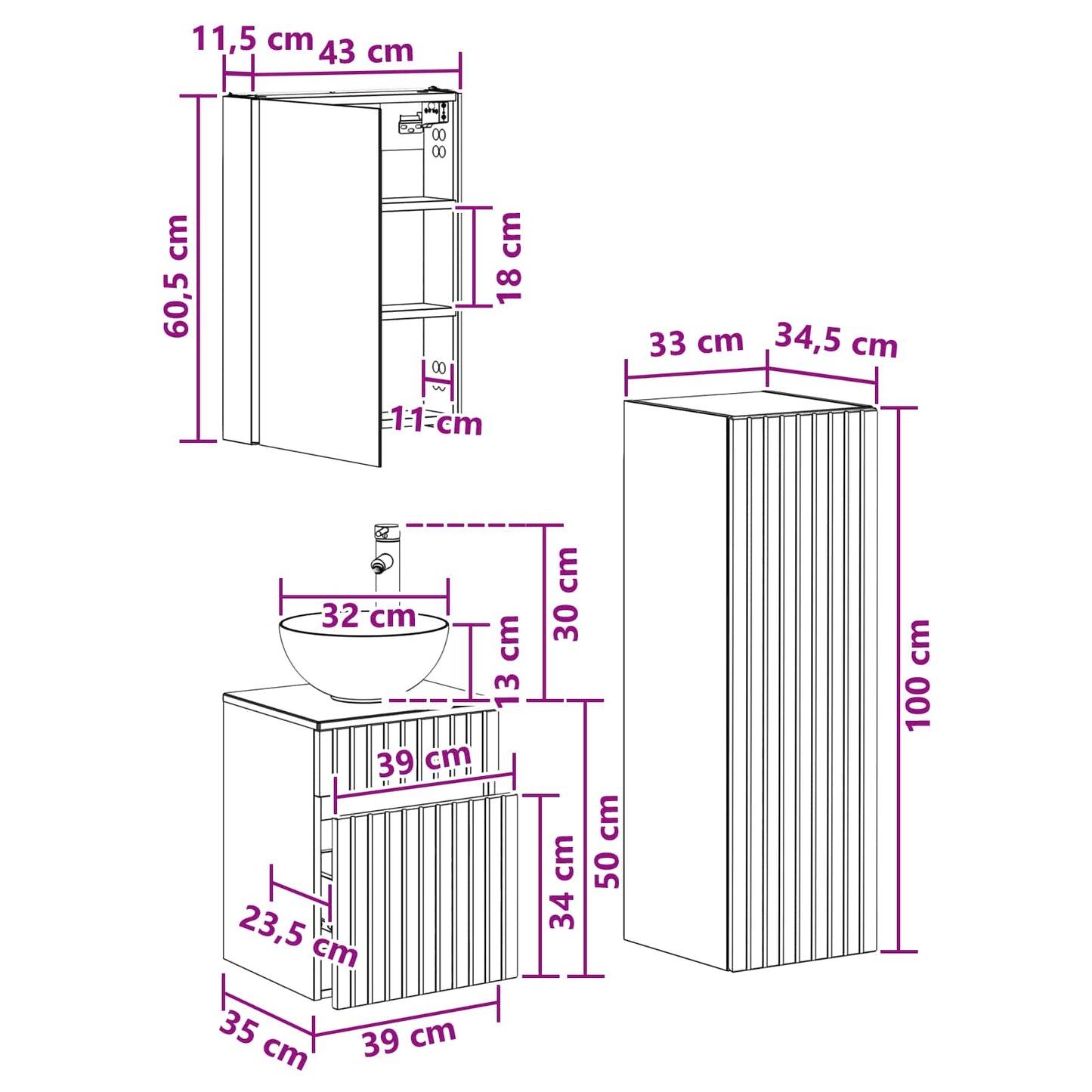 Baderomsinnredningssett 4 pcs Betonggrå Konstruert tre og glass