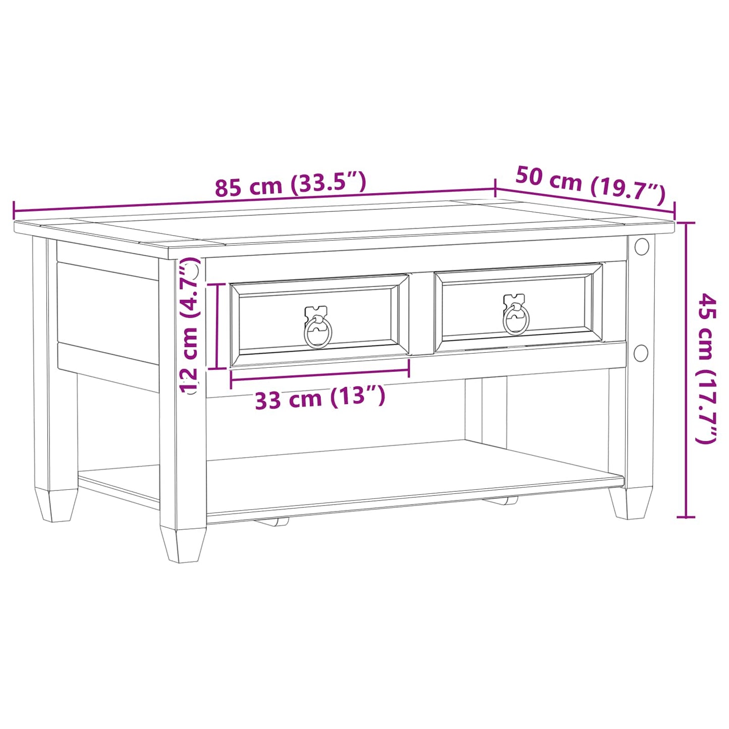 Kaffebord med skuff Hvit 85 x 50 x 45 cm Massiv furu