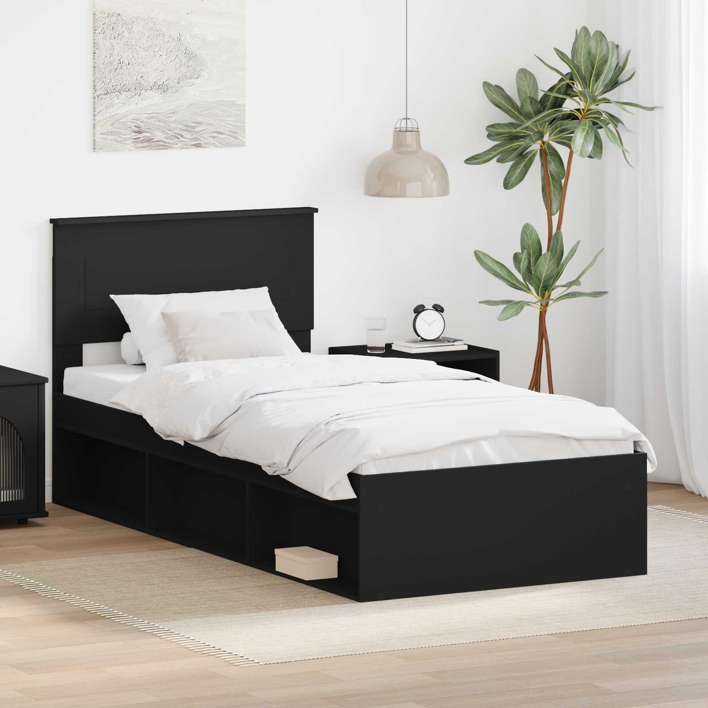 Sengestamme med hodegjerde Svart 90 x 190 cm Konstruert tre