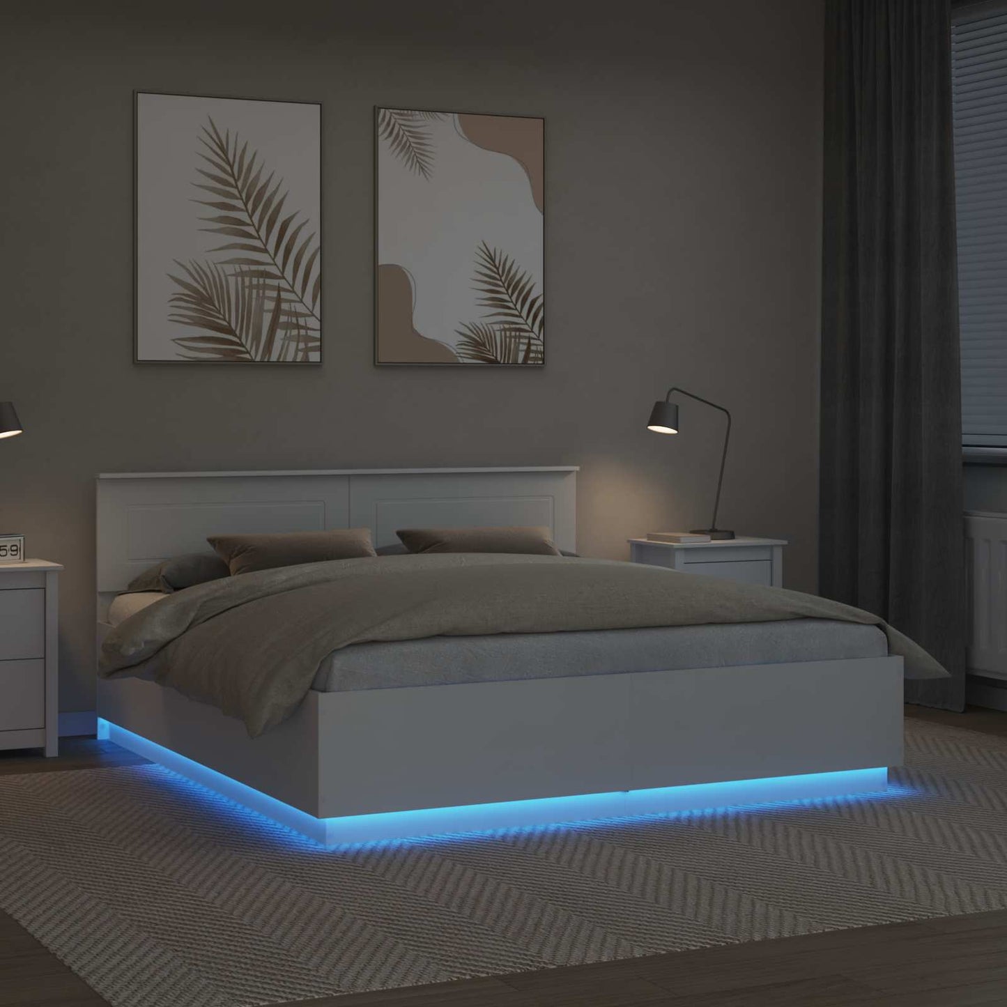 Sengestamme med LED -stripelys Hvit 200 x 200 cm Konstruert tre