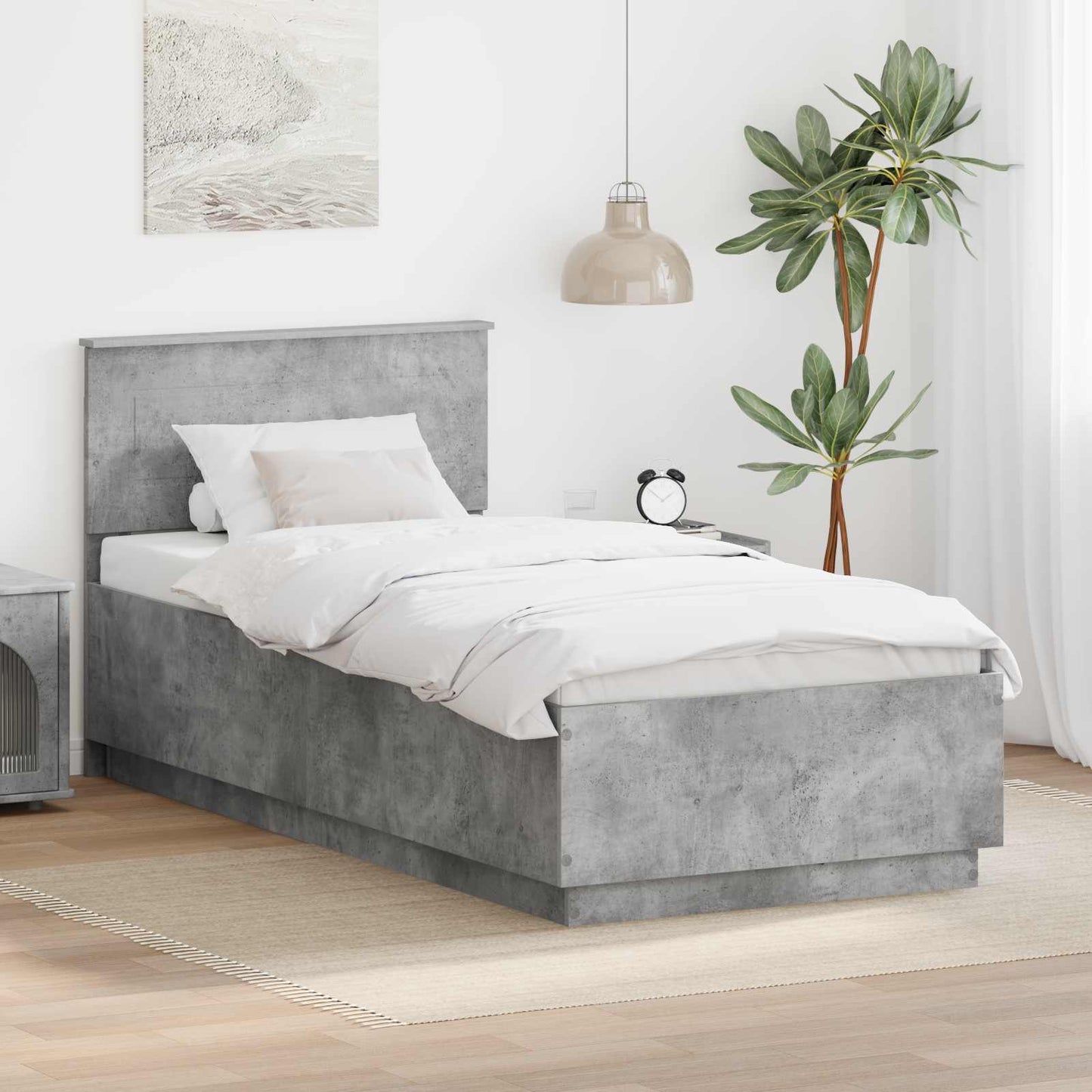 Sengestamme med hodegjerde Betonggrå 70 x 190 cm Konstruert tre