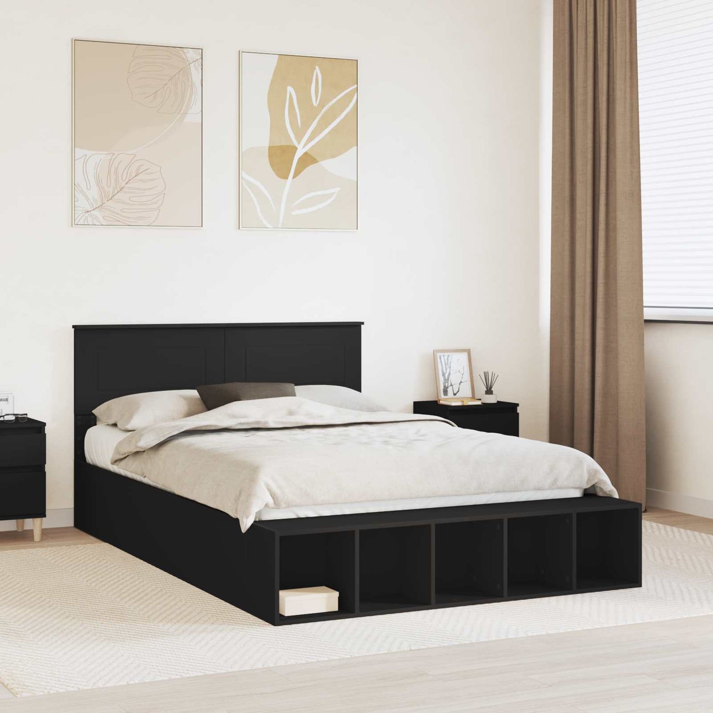 Sengestamme med hylle Svart 140 x 200 cm Konstruert tre