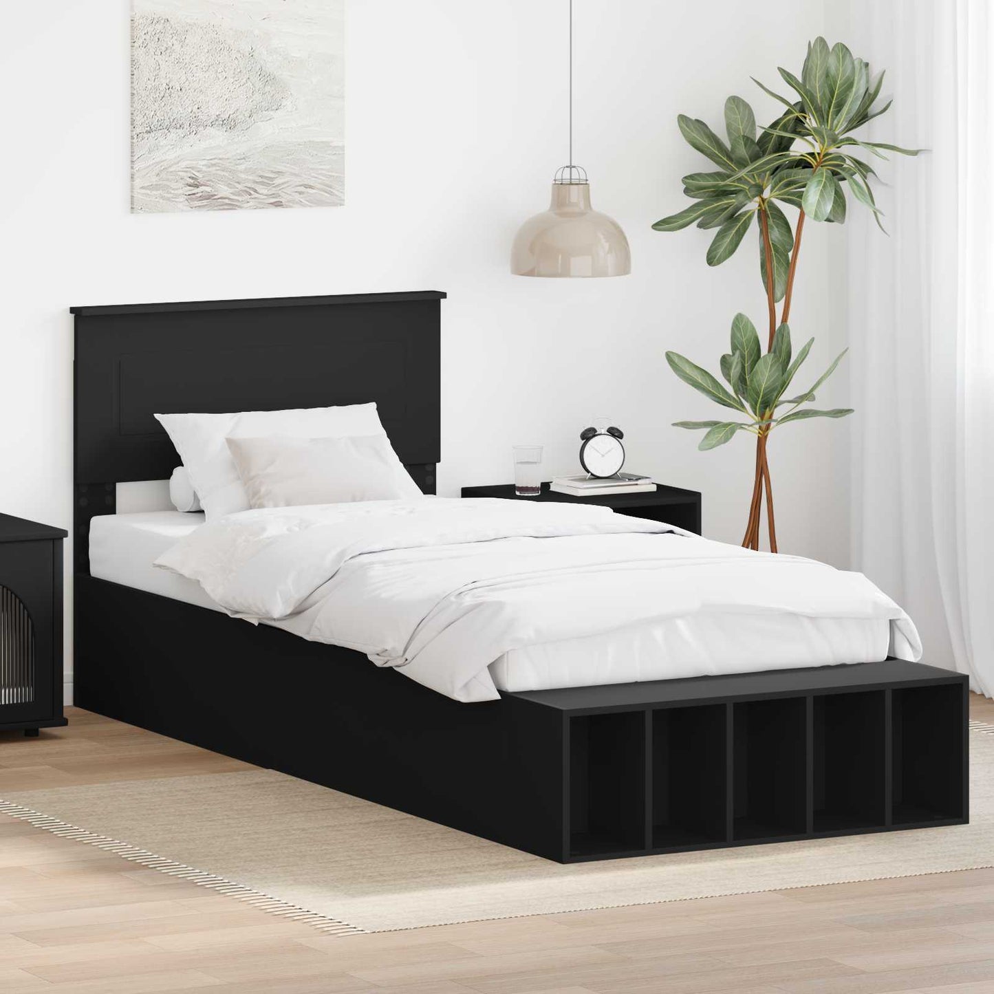 Sengestamme med hylle Svart 90 x 190 cm Konstruert tre