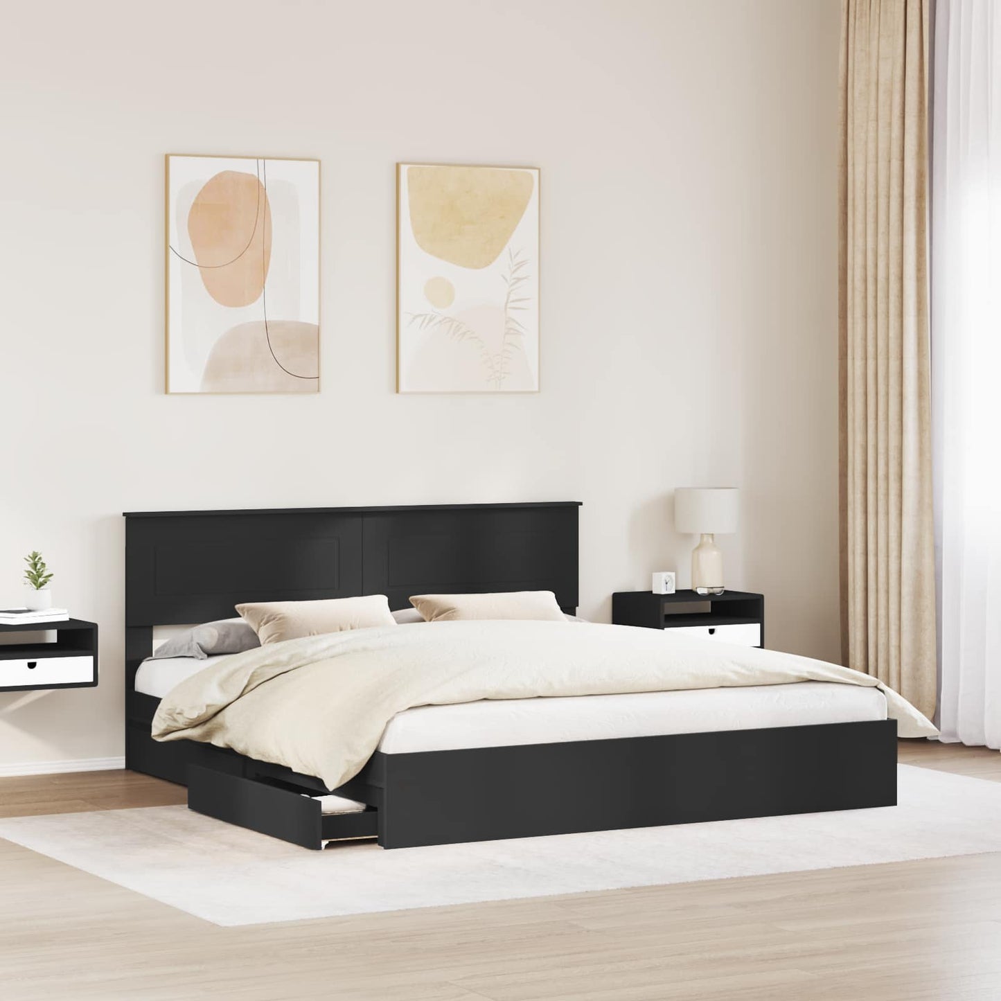 Seng med Oppbevaring Svart 200 x 200 cm Konstruert tre