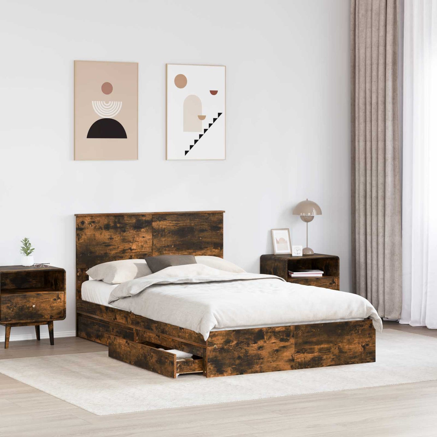 Seng med Oppbevaring Røkt eik 135 x 190 cm Konstruert tre
