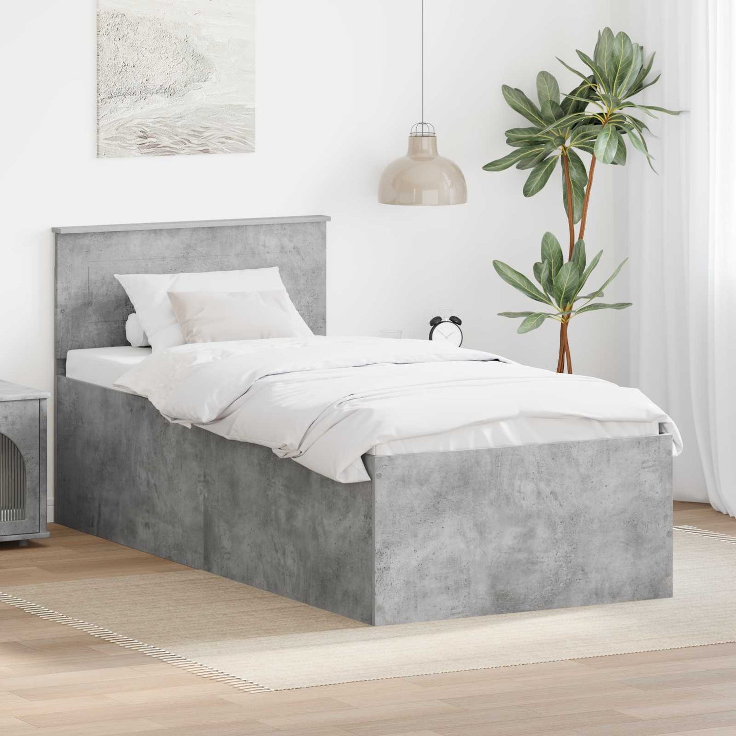 Sengestamme med hodegjerde Betonggrå 75 x 190 cm Konstruert tre