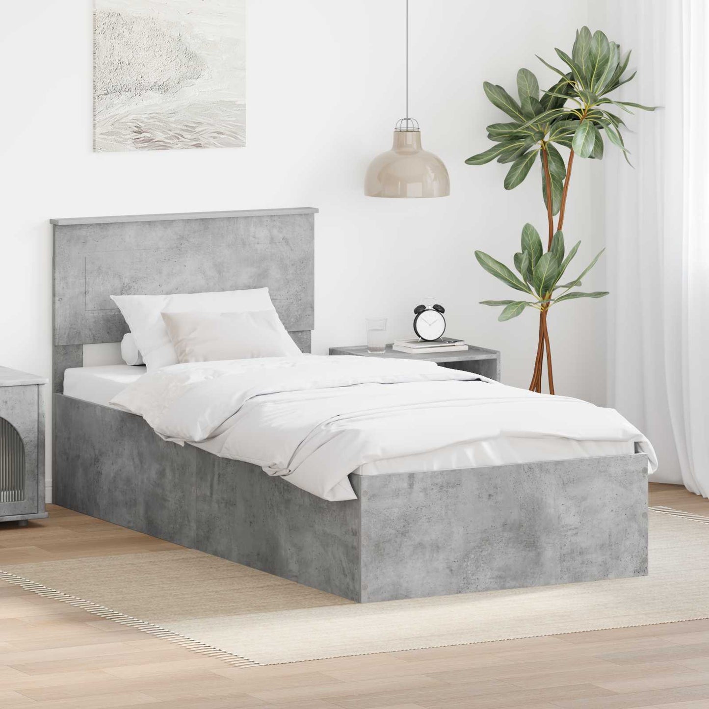Sengestamme med hodegjerde Betonggrå 75 x 190 cm Konstruert tre