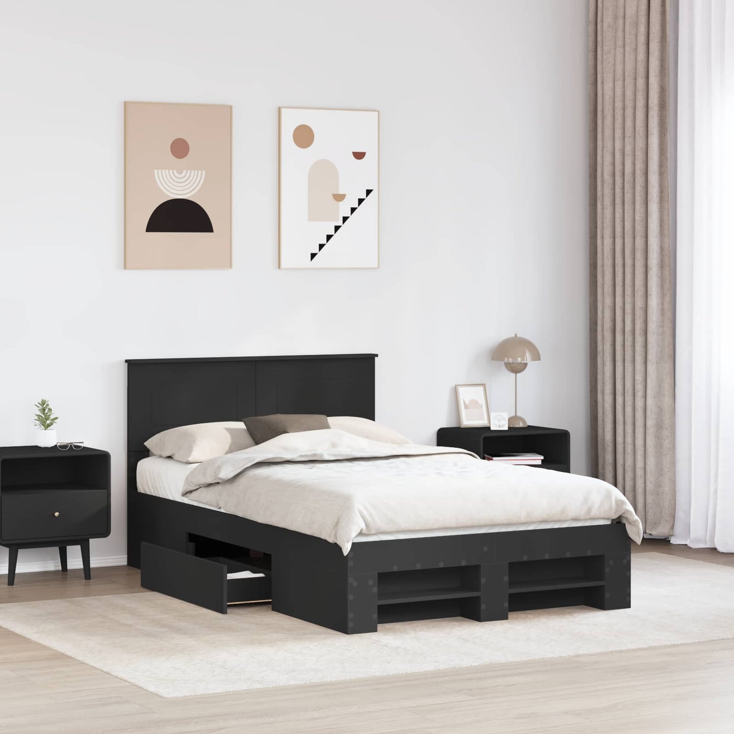 Sengestamme med hodegjerde Svart 137 x 203 cm Konstruert tre