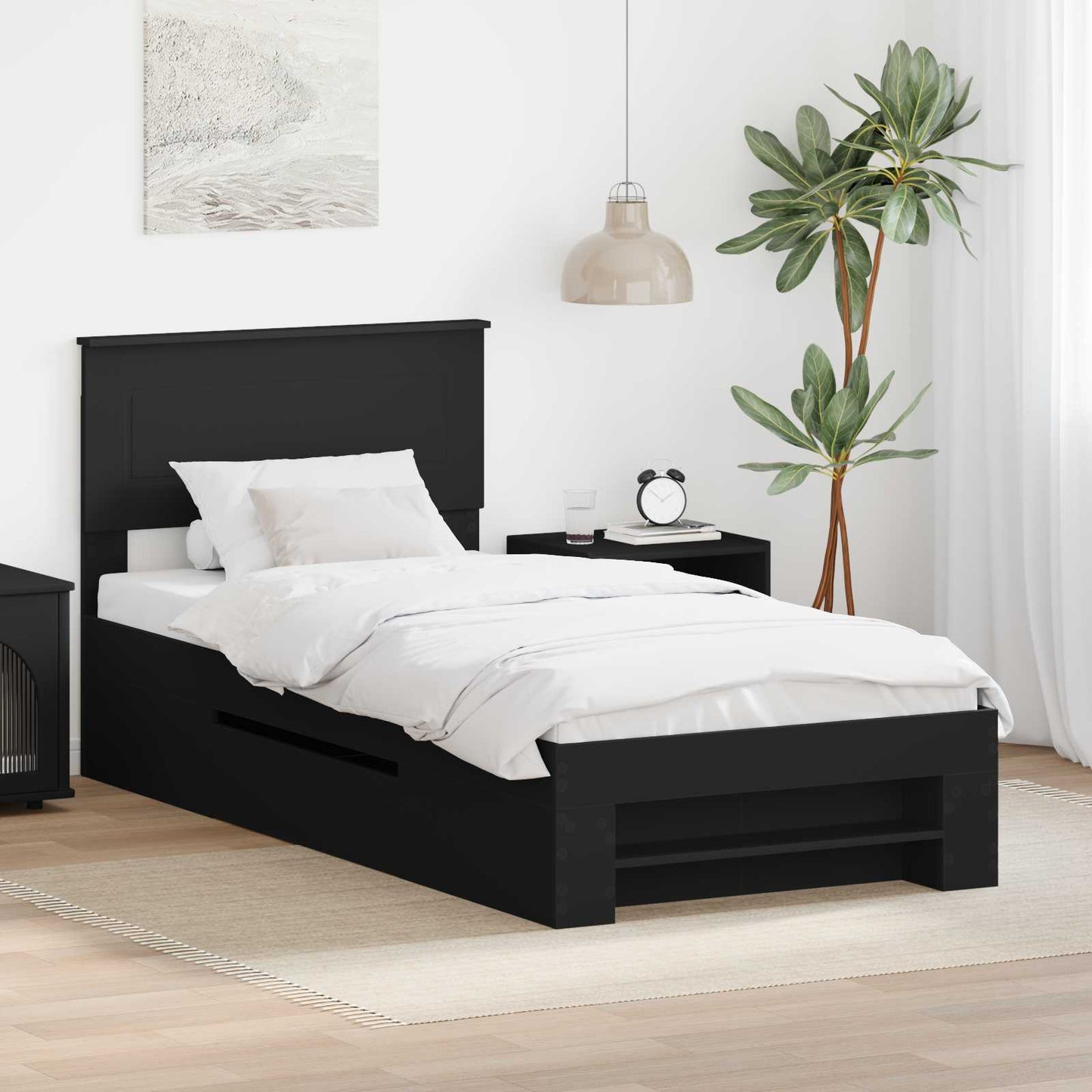 Sengestamme med hodegjerde Svart 90 x 200 cm Konstruert tre