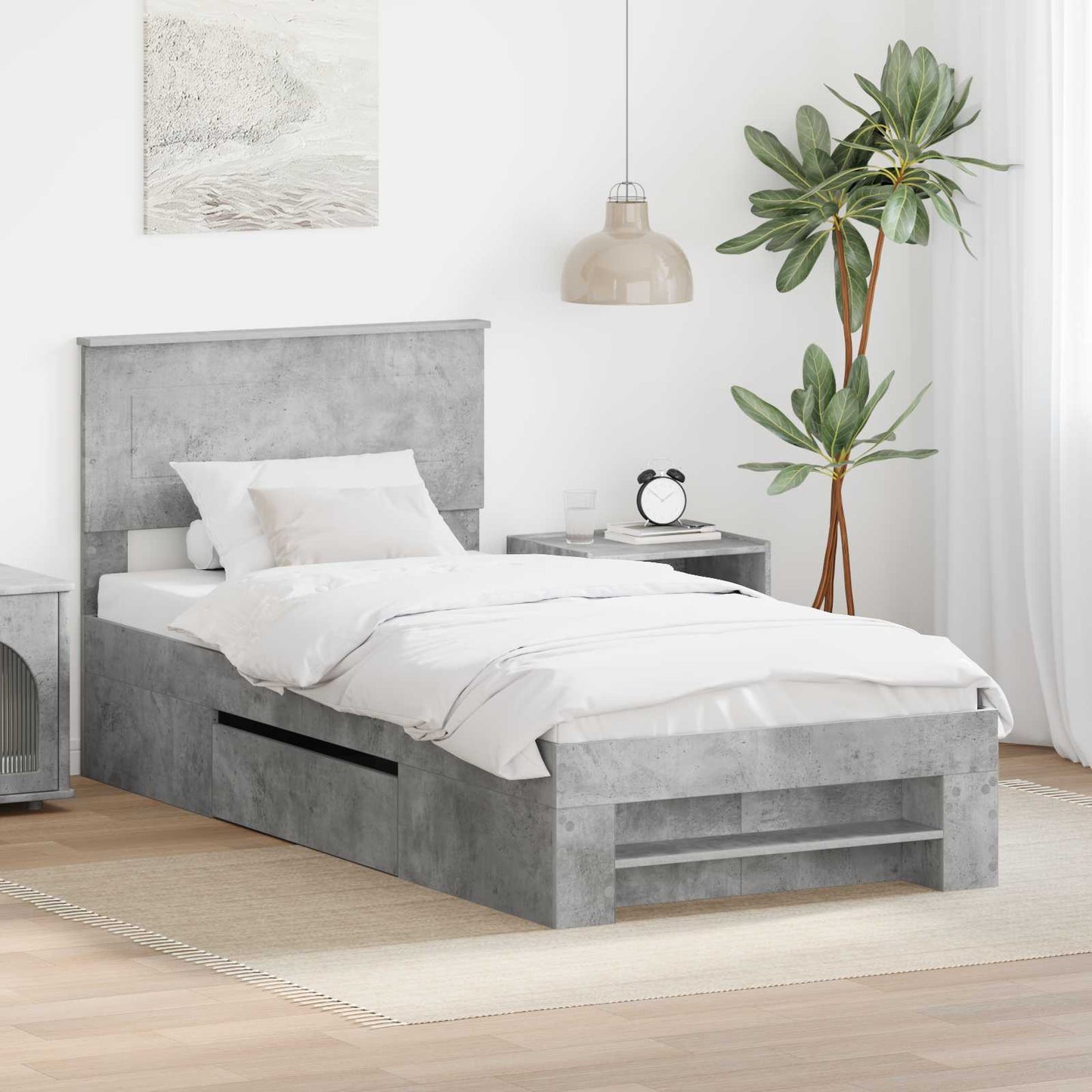 Sengestamme med hodegjerde Betonggrå 90 x 200 cm Konstruert tre
