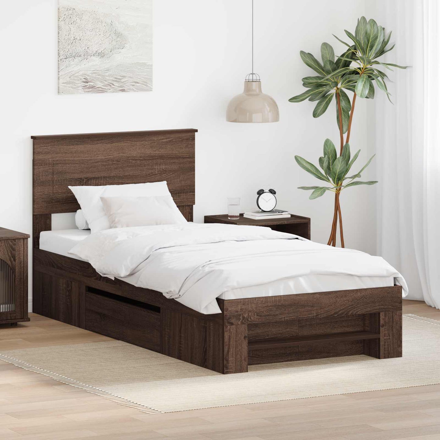 Sengestamme med hodegjerde Brun Eik 80 x 200 cm Konstruert tre