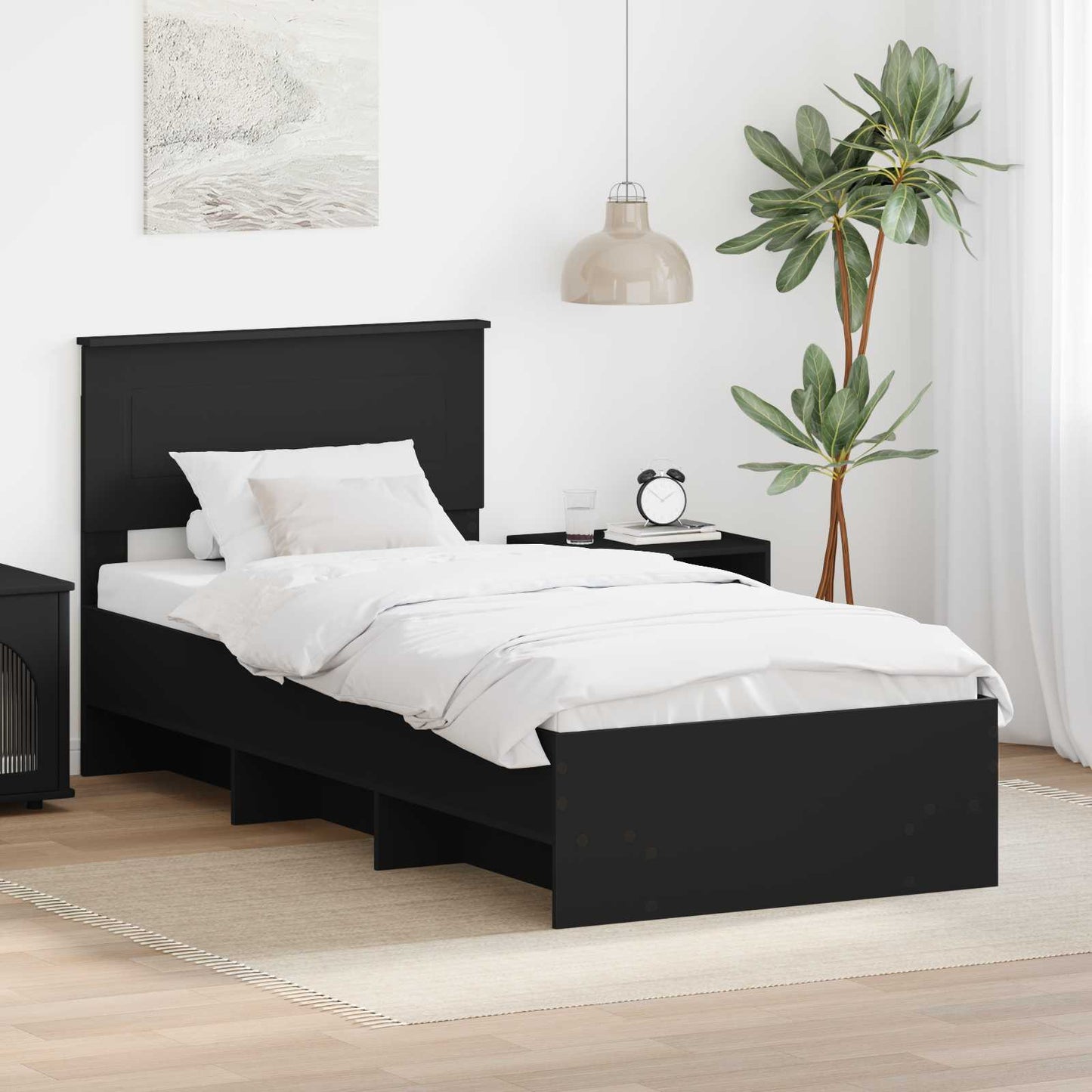 Sengestamme med hodegjerde Svart 90 x 200 cm Konstruert tre