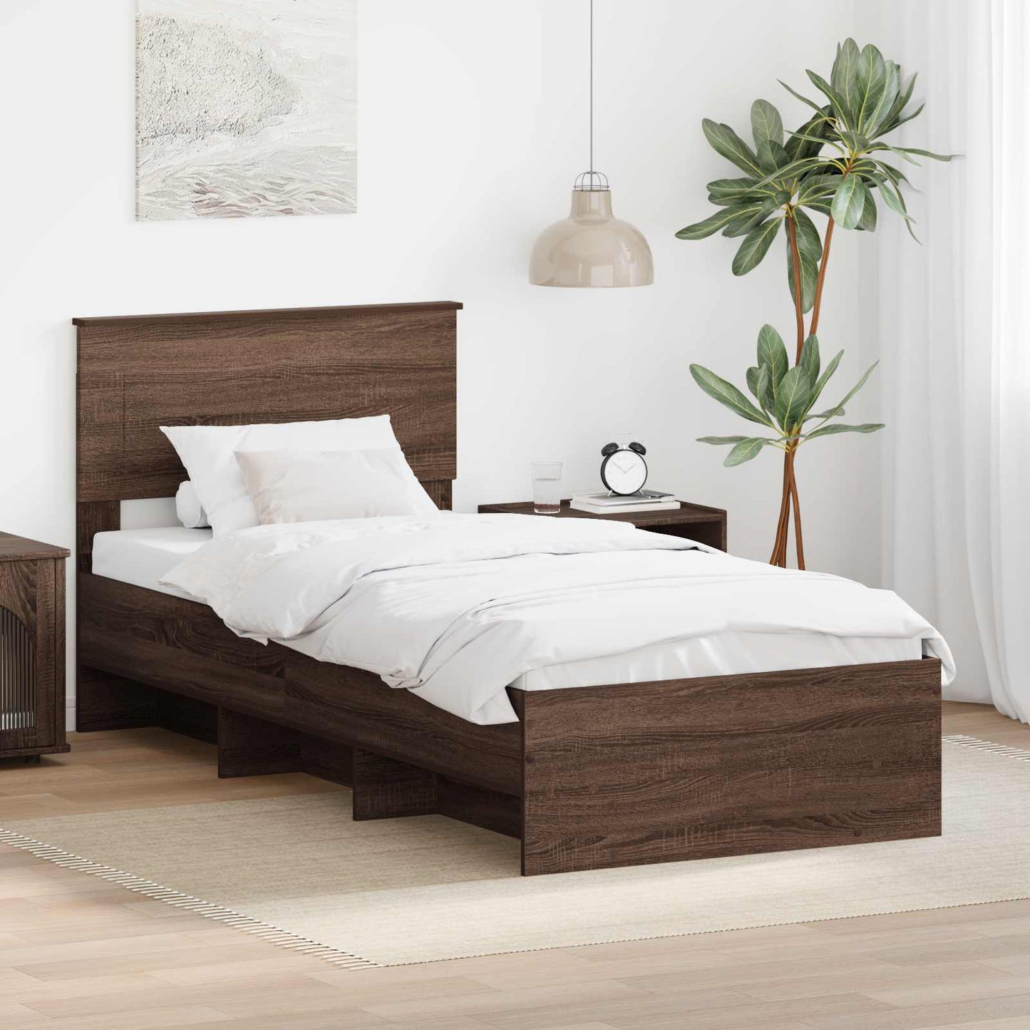 Sengestamme med hodegjerde Brun Eik 80 x 200 cm Konstruert tre