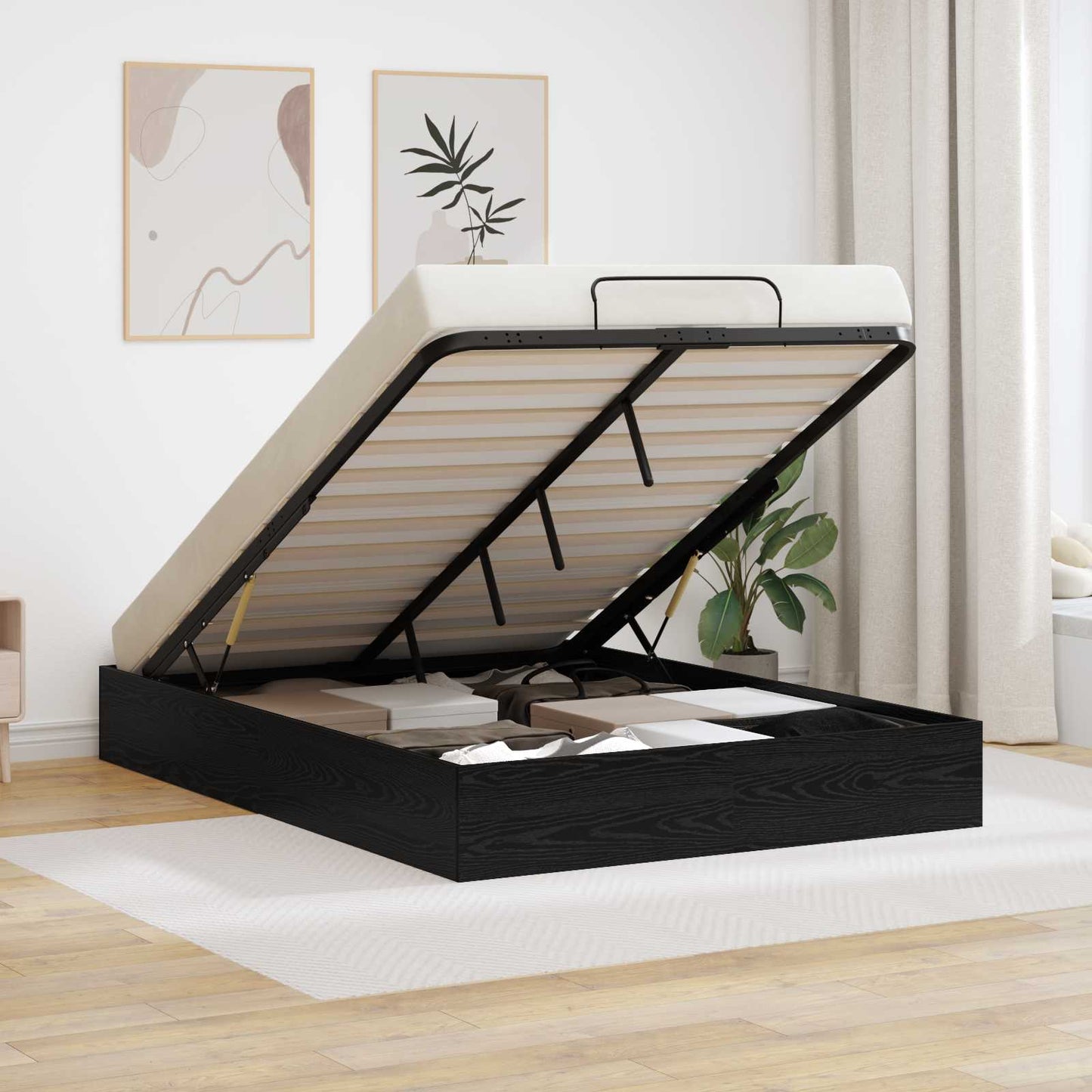 Ottoman sengeramme Svart Eik 193 x 135 x 25 cm Konstruert tre