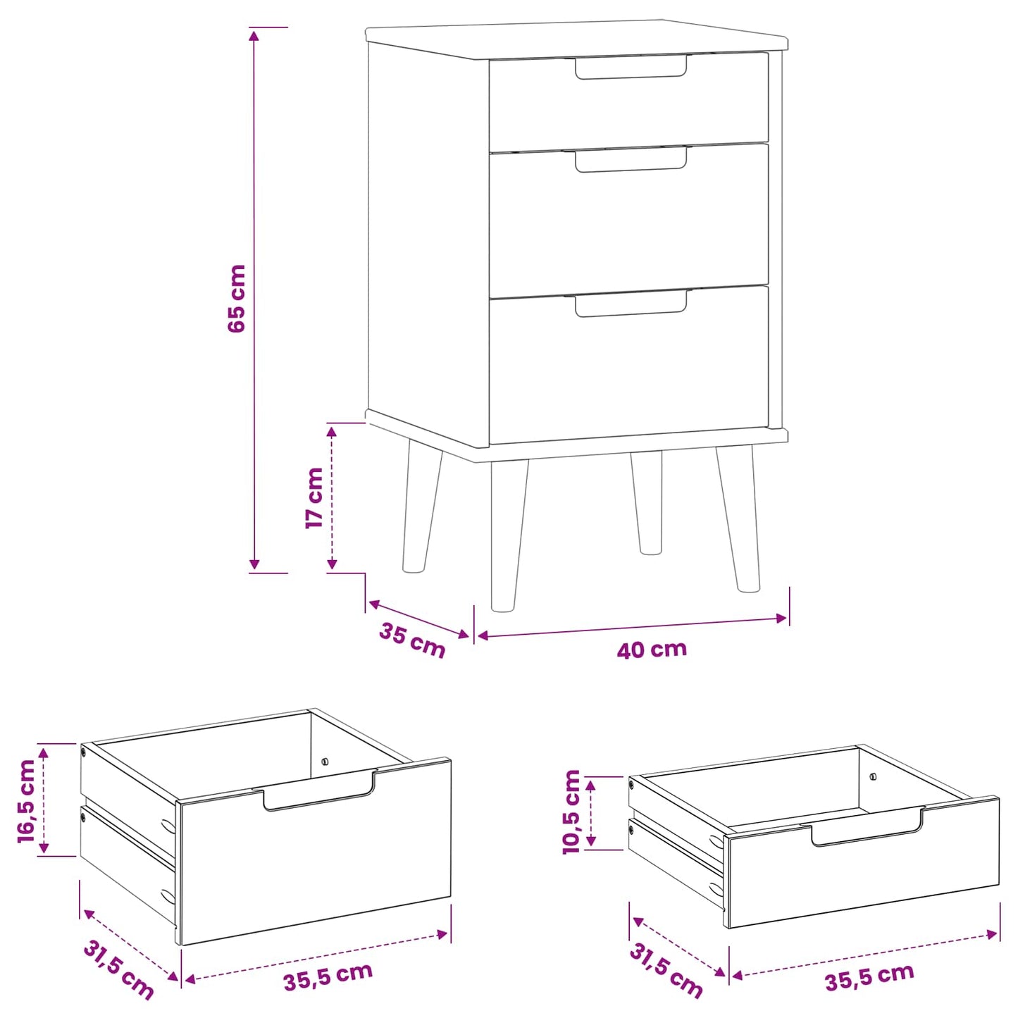Nattbordskap MOLDE Svart 40 x 35 x 65 cm Heltre furu