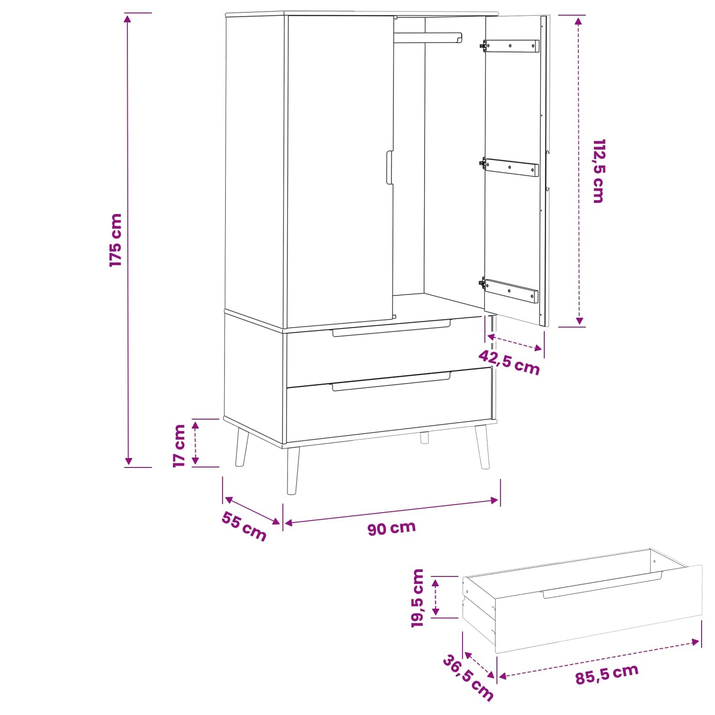 Garderobeskap MOLDE Karamell 90 x 55 x 175 cm Heltre furu