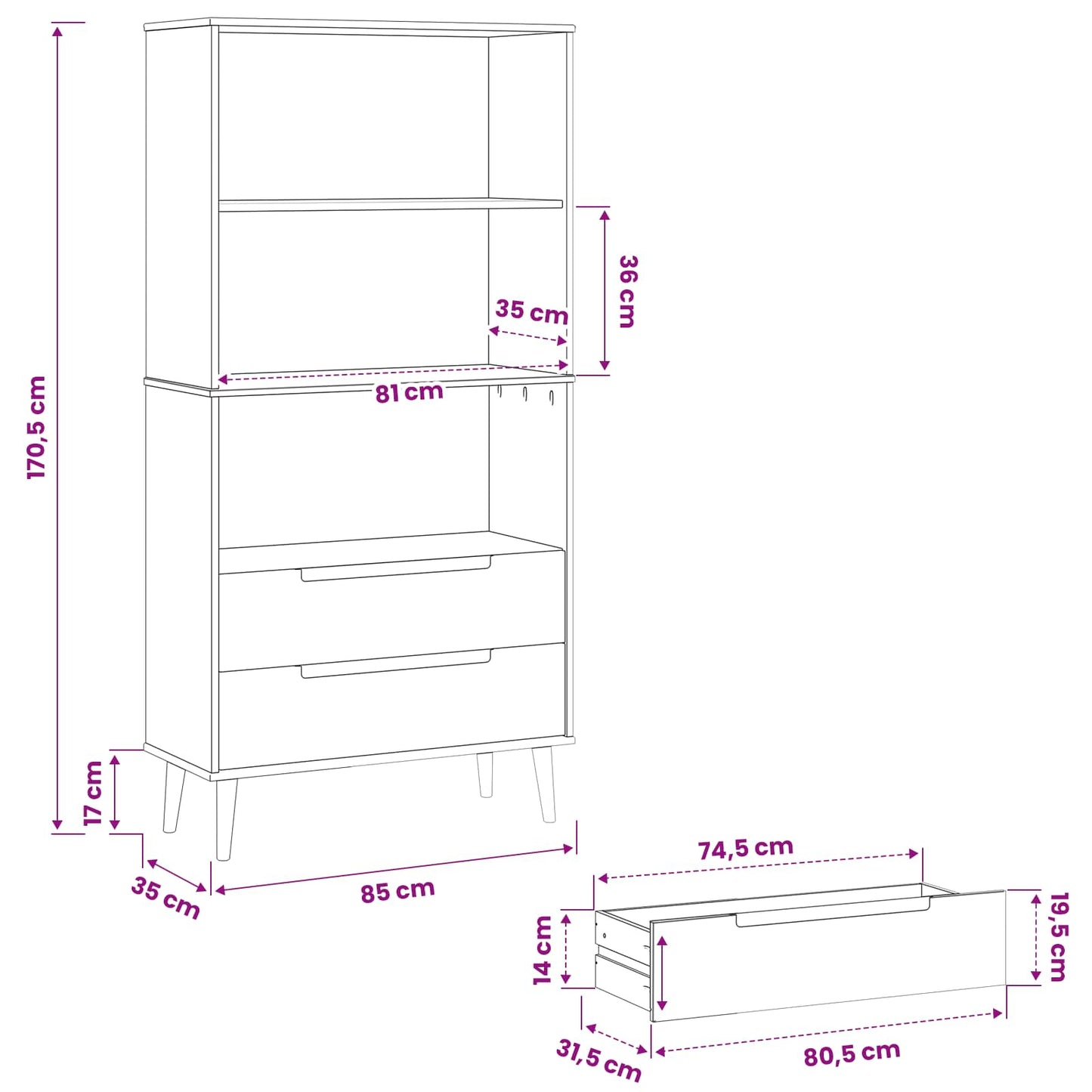 Bokhylle MOLDE 85 x 35 x 170,5 cm Heltre furu Karamell
