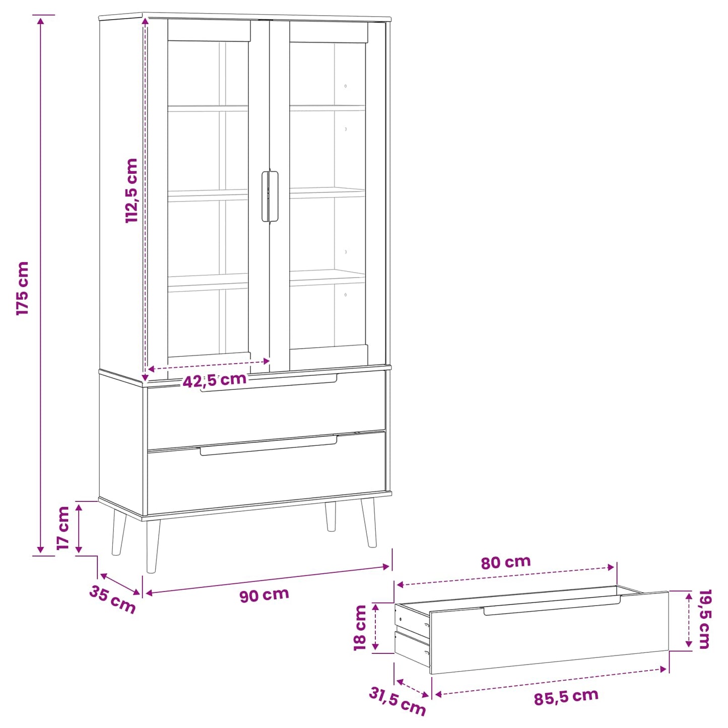 Glass utstillingsskap MOLDE 90 x 35 x 175 cm Heltre furu Svart