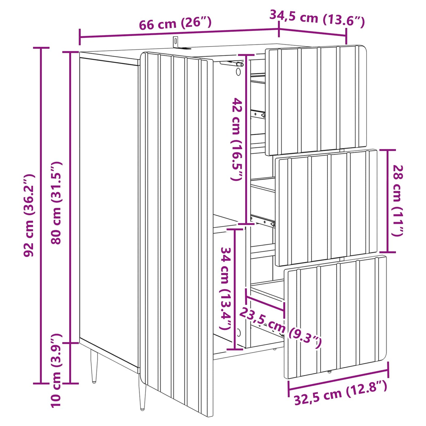 Serviesskap med skuff Hvit 66 x 34,5 x 91,5 cm Konstruert tre