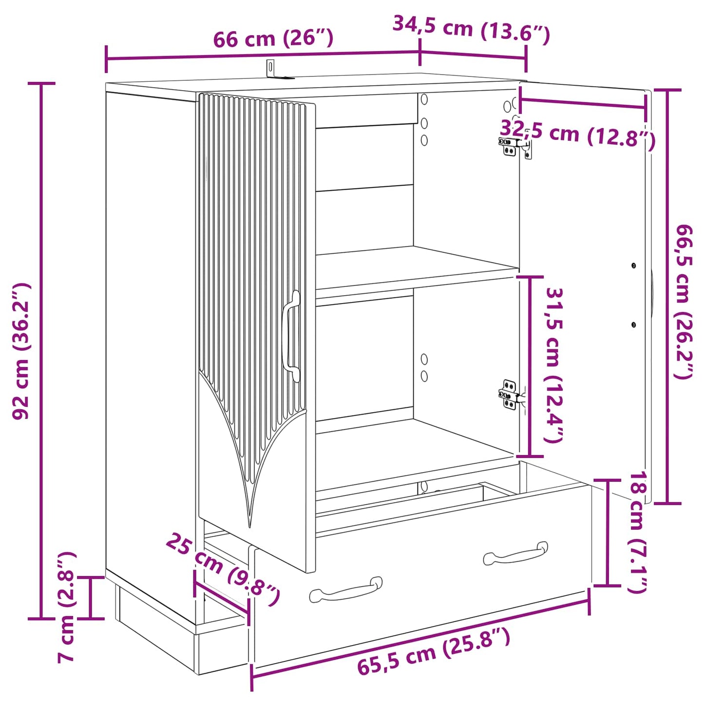 Serviesskap med skuff Røkt Eik 66 x 34,5 x 92 cm Konstruert tre