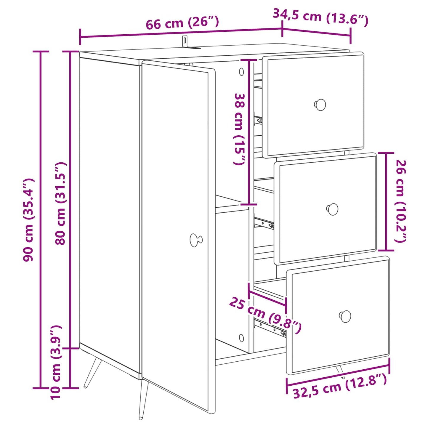 Serviesskap med skuff Hvit 66 x 34,5 x 90 cm Konstruert tre