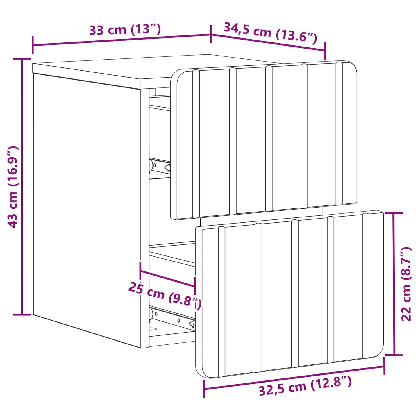 Vegghengt Nattbord 2 pcs Høgglans hvit 33 x 34,5 x 43 cm